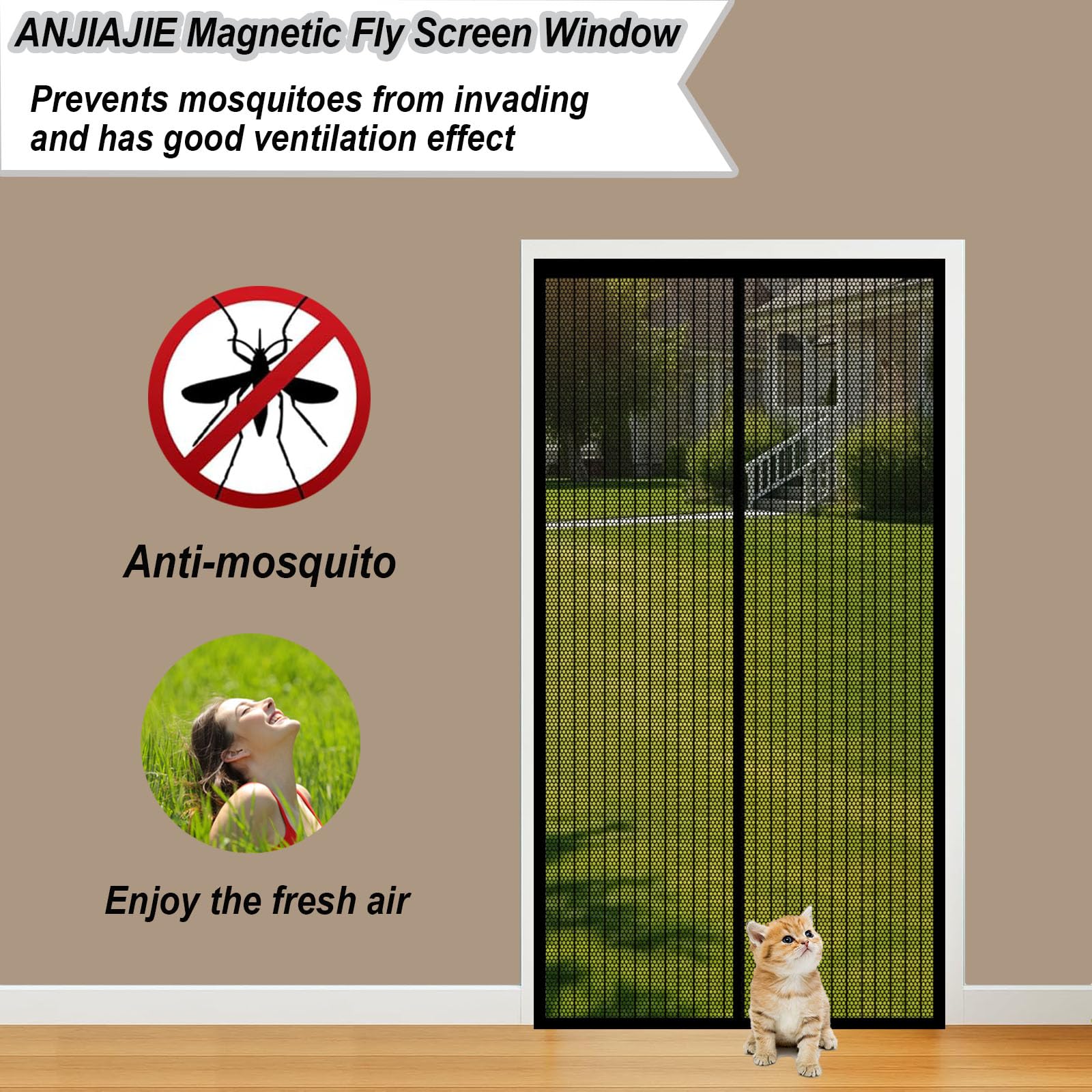 Fliegenvorhang Balkontür Magnet 183 x 232 cm Ohne Bohren mit Starken Magneten Selbstschließend Magnetisches Fliegengitter für Balkontür Wohnzimmer Terrassentür, Schwarz