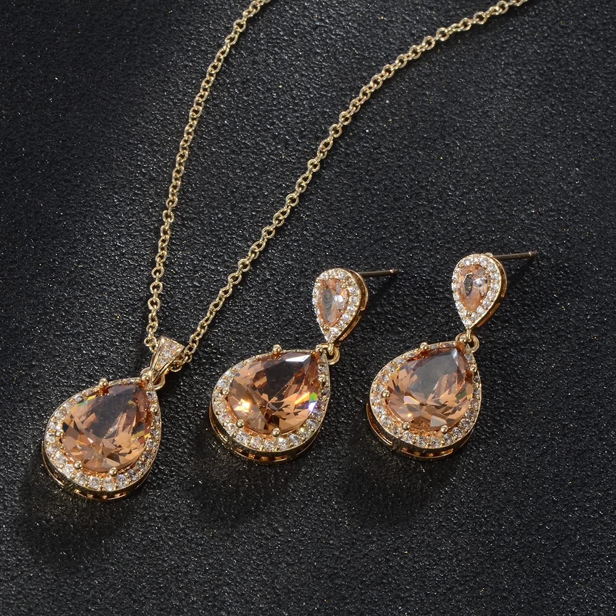 Bridal Jewelry Set for Wedding - 18k Plated Teardrop CZ Crystal Cubic Zirconia Rhinestone Necklace Earrings Set for Bride Bridesmaids Mother of Bride Party Prom Birthstone Costume Jewelry