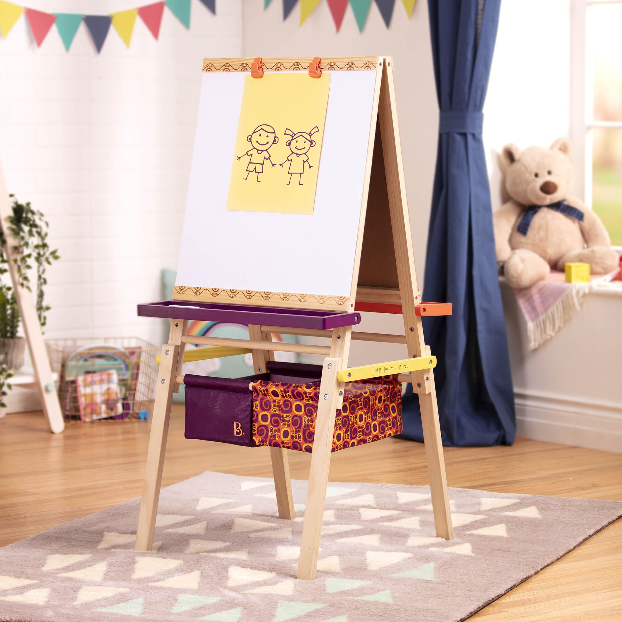 B. toys Tafel Kinder, Maltafel mit Kreidetafel, Whiteboard, Papierhalterungen, Ablagen und 2 Behälter für Zubehör – Staffelei Holz Spielzeug ab 3 Jahre