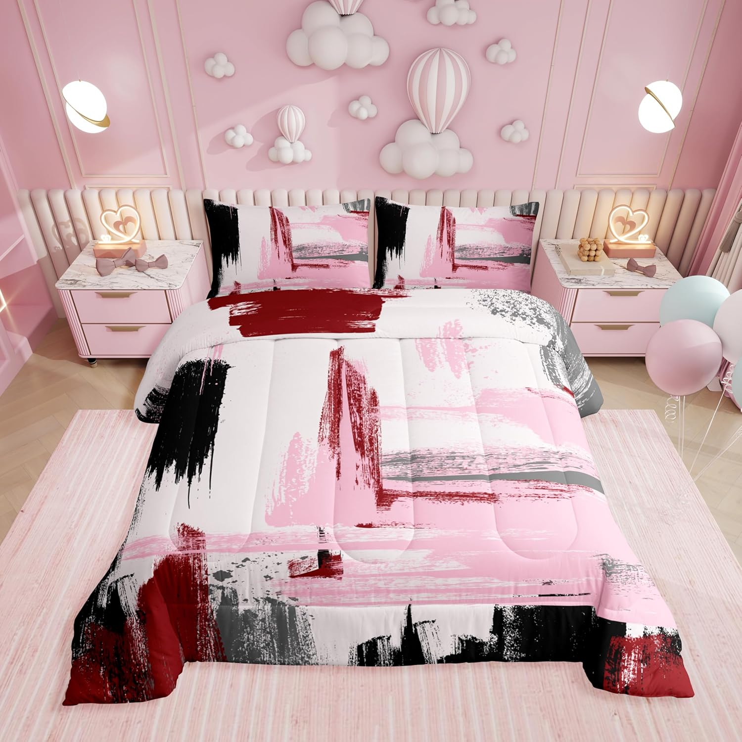 Erosebridal Abstract Comforter Set King,Modern Pink Red Black Bedding Set for Girls Boys Adult,Watercolor Ombre Bed Set,Oil Painting Style Duvet Set,Contemporary Art Reversible Quilt Comforter 3Pcs