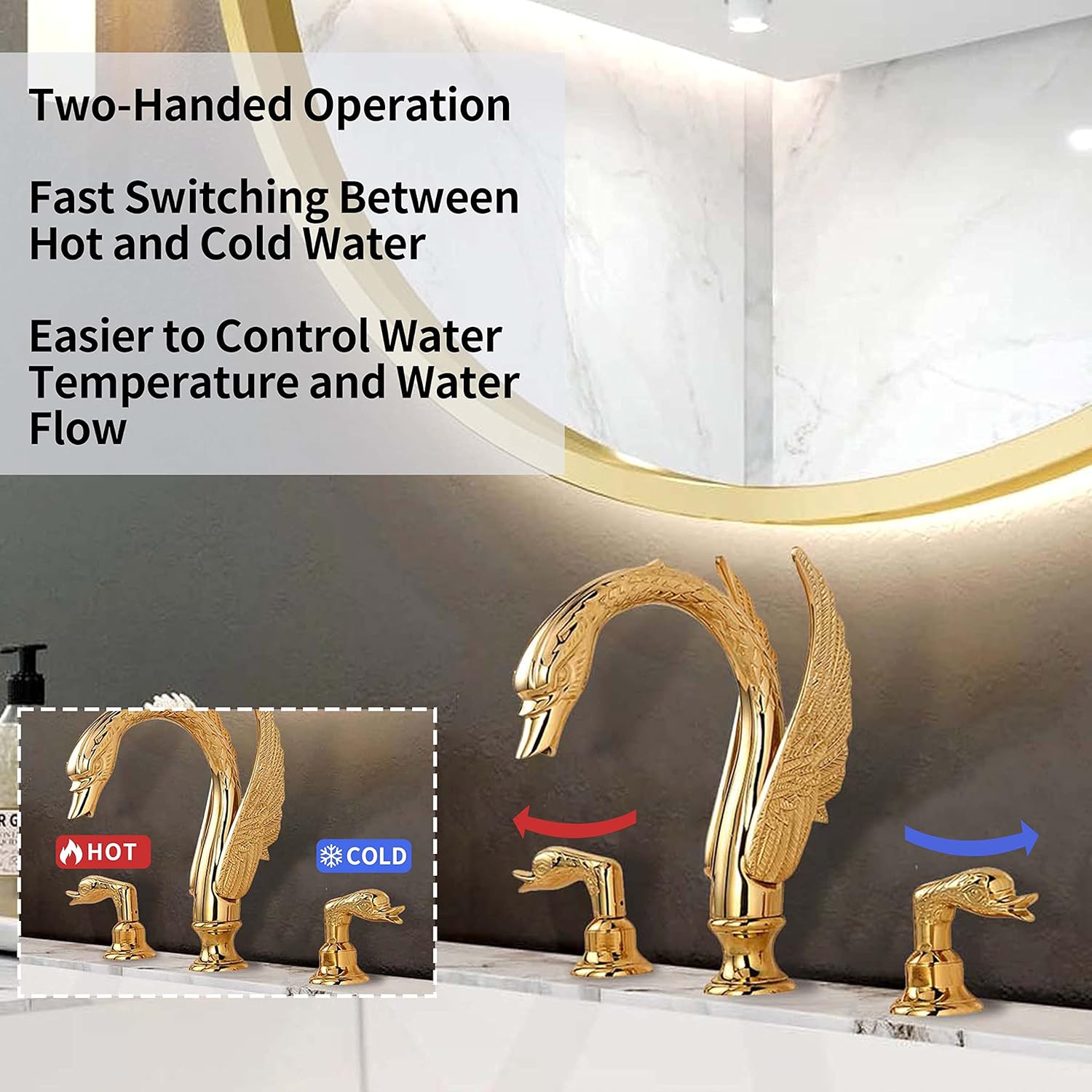 Golden Gold Ornate Swan Style Bathroom Sink Faucet Combo Deck Mount Sink Mixer Tap Set Hot Cold Water