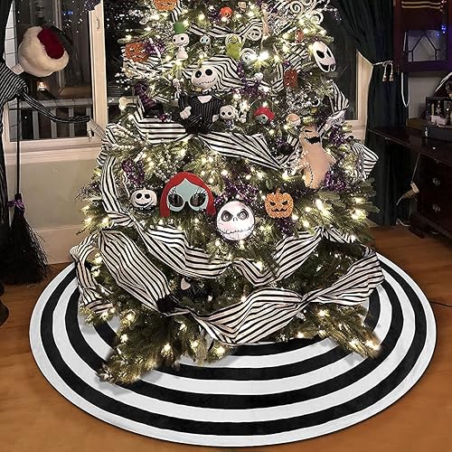 Falda de árbol de Halloween en blanco y negro, pequeña falda de árbol de Navidad en espiral de 48 pulgadas, tapete de árbol de Navidad para