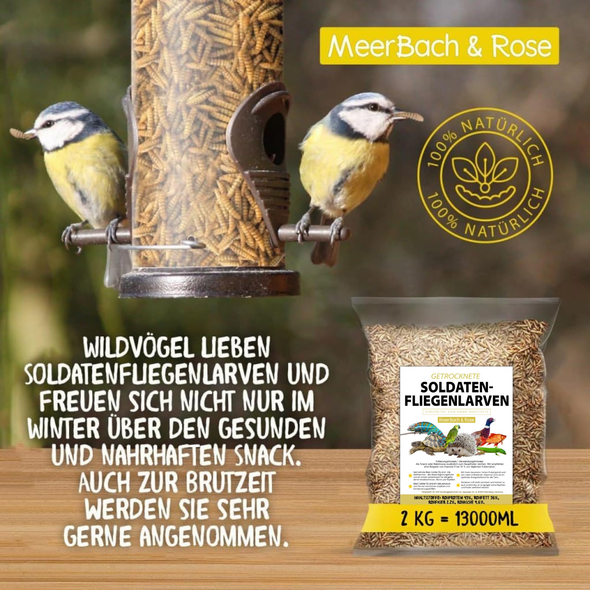 Soldatenfliegenlarven getrocknet 2kg (entspricht 13 Litern) PROTEINREICH | Ganzjähriger Insektensnack für Vögel, Fische, Schildkröten + Reptilien. MEERBACH & ROSE – Premium Qualität aus Deutschland