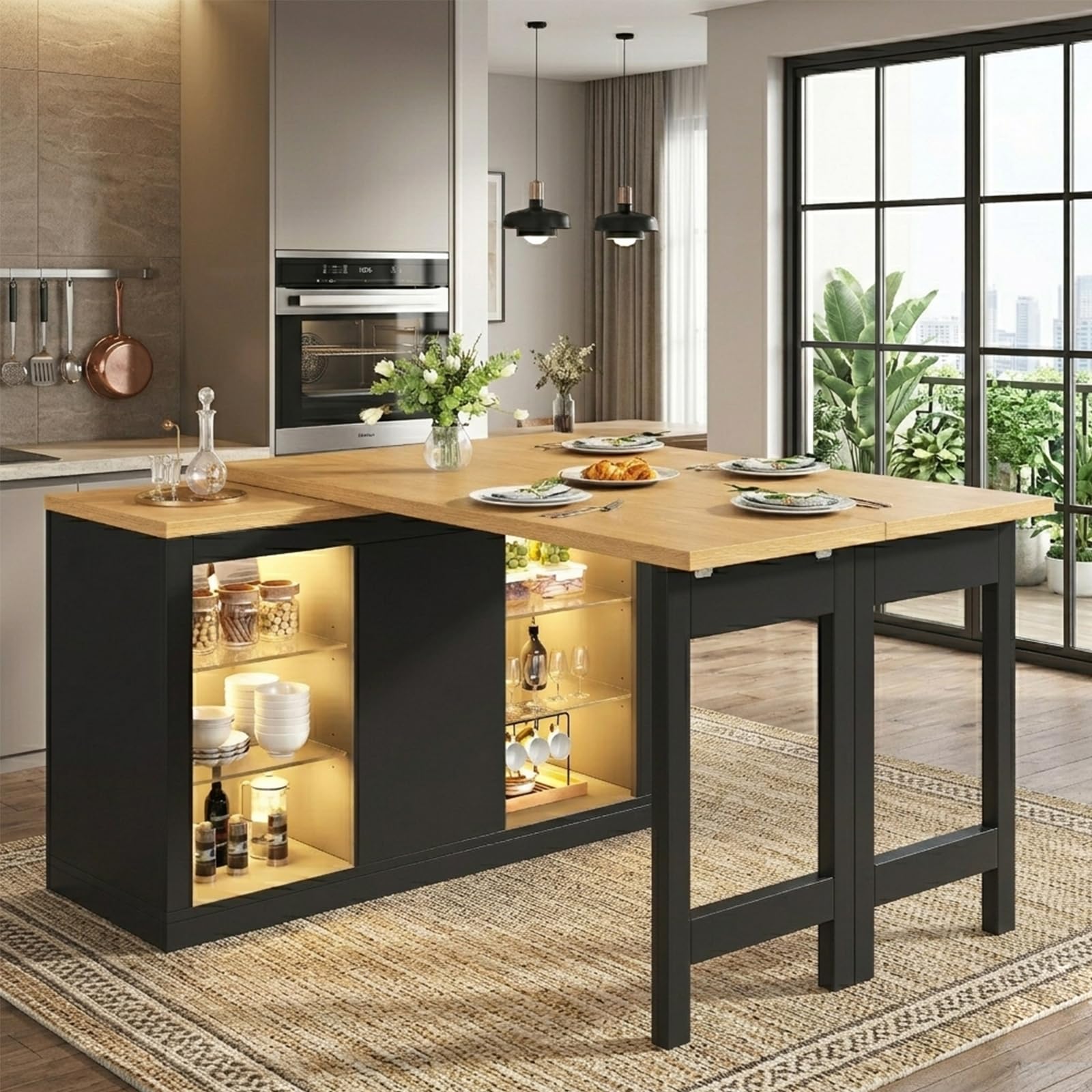 Ausziehbarer Kücheninsel-Esstisch mit App-steuerbarer LED, 120-197cm, 360° drehbar, mit magnetischen Türen & Glas-Einlegeböden, Schwarz, belastbar bis 60kg