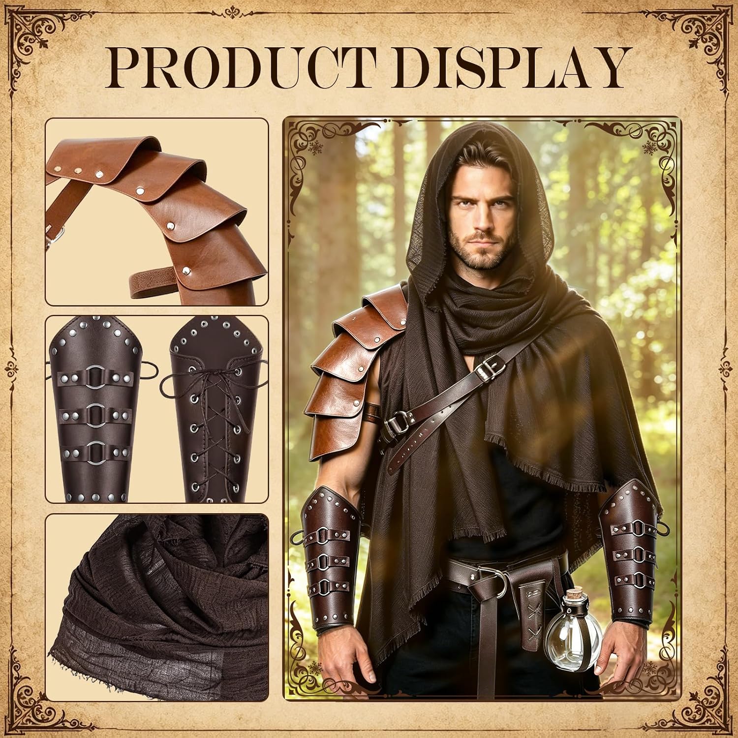 6 Pcs Men's Renaissance Costume Set, Medieval Knight Shawl Adjustable Leather Belt with Buckle Bracers Retro Magic Cork Potion Bottle, Vintage Renaissance Outfit for Halloween, Cosplay（Brown）