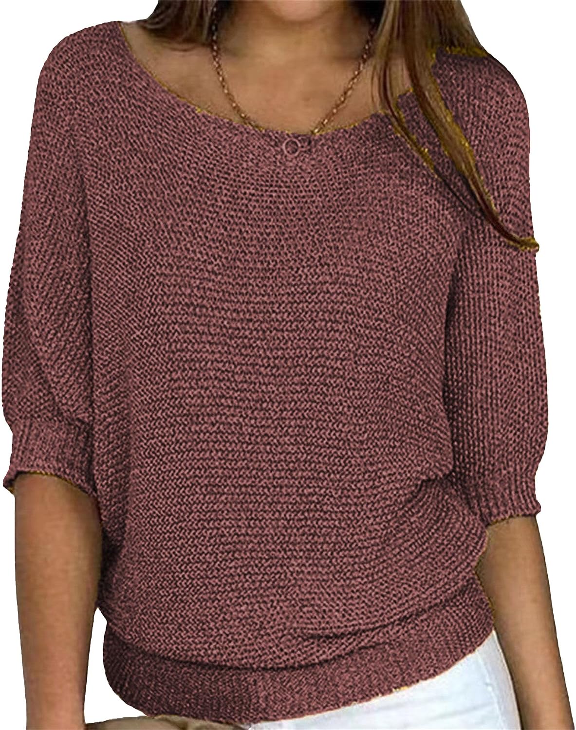 JEsilunmaMY Women's Elegant Crewneck Sweater Top 3/4 Sleeve Loose Knit Pullover Tunic Blouse Solid Color Fall Fashion Clothes