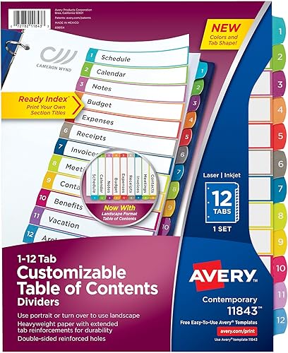 Avery 12 separadores de pestañas para carpetas de 3 anillos tabla de contenido personalizable pestañas multicolor 1 juego 11843 disponible en Yaxa Colombia