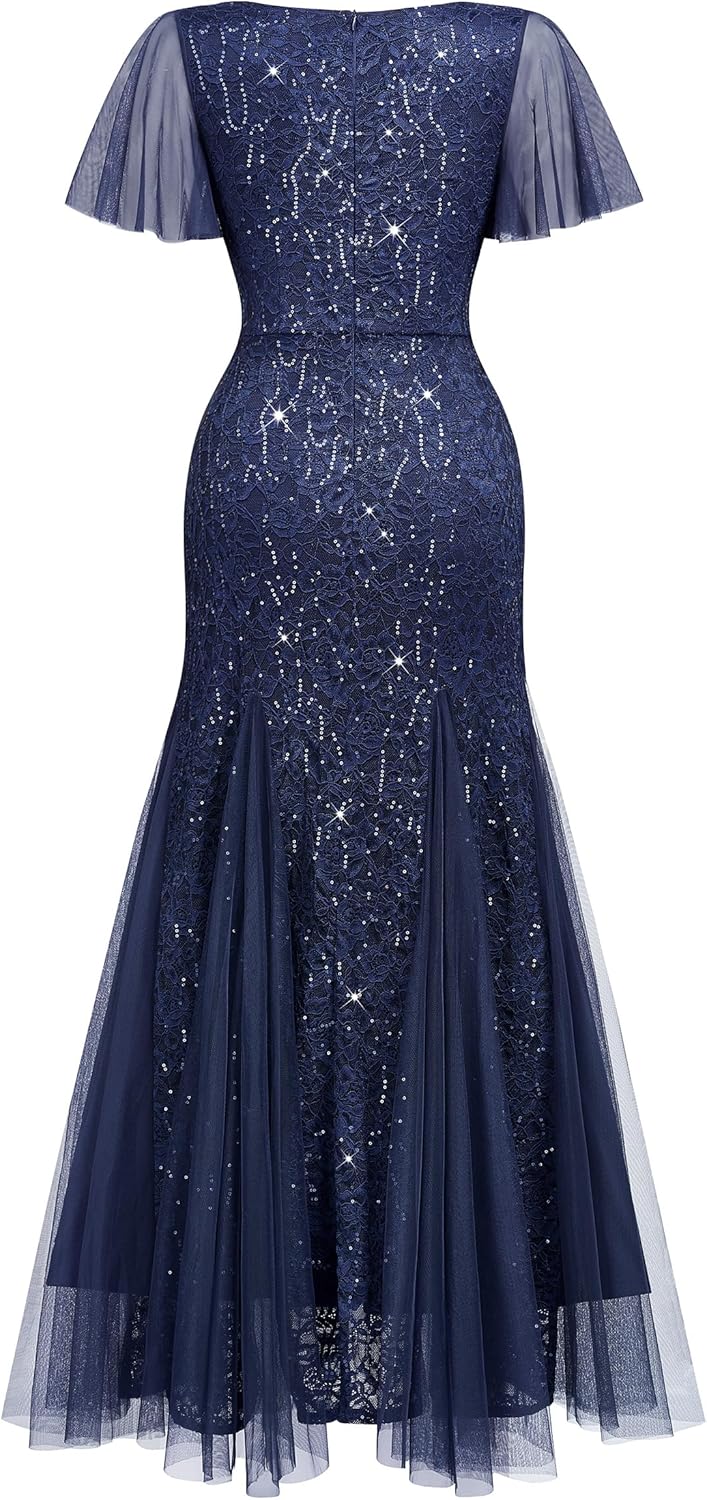 Miusol Women's Sequin Lace Deep-V Neck Tulle Mermaid Hem Evening Party Maxi Dress - Image 6