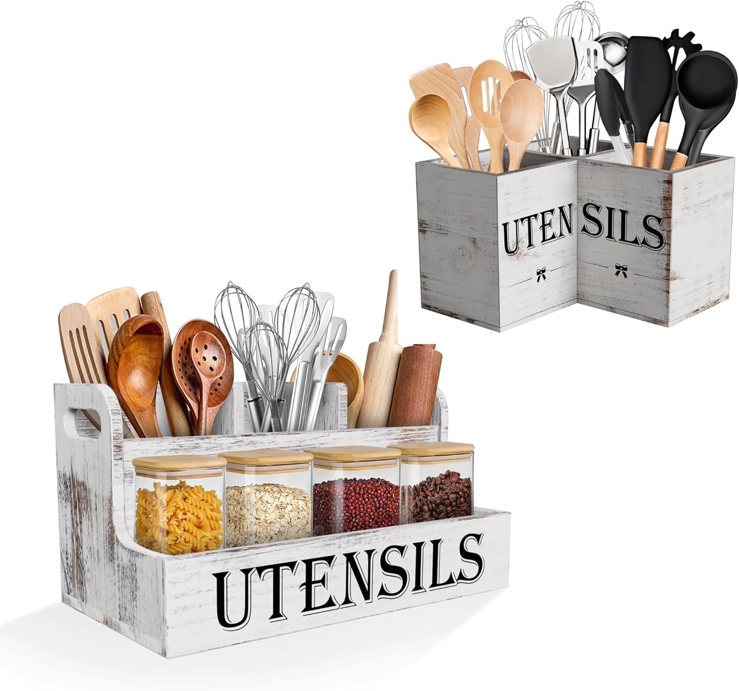 Suli Extra Large Kitchen Utensils Holder ,Corner Utensil Caddy for countertop,Wooden Utensil Organizer for Kitchen Countertop, 2 Pack-GrainWhite