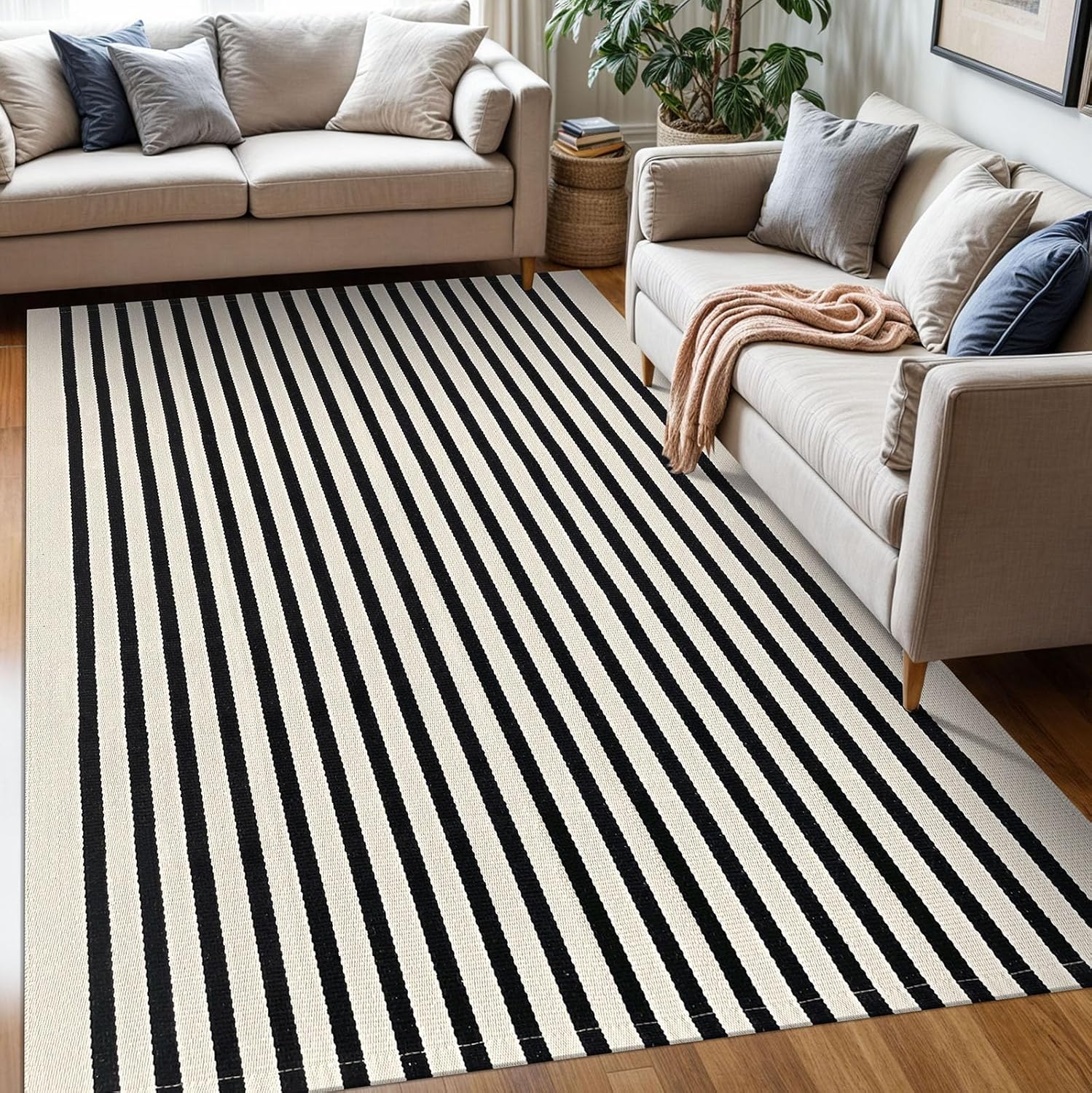 KOZYFLY Black and Beige Striped Rug 5x8 Ft Area Rug Washable Indoor Outdoor Rug Cotton Outdoor Patio Rugs Farmhouse Rugs Living Room Carpet for Patio Dining Room Bedroom