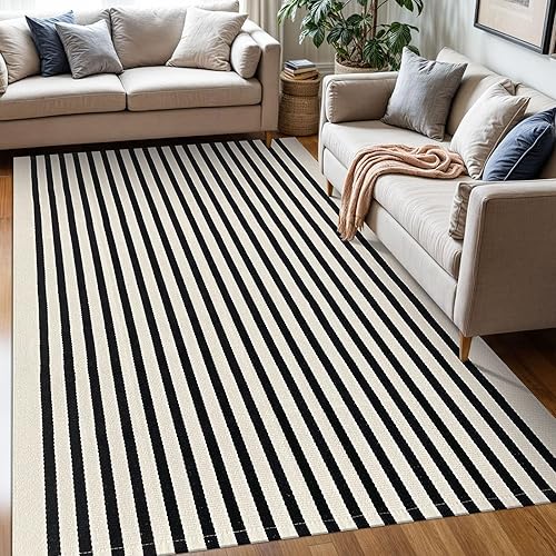 KOZYFLY Alfombra a rayas negras y beige de 5 x 8 pies, lavable para interiores y exteriores, alfombra de algodón para patio al aire libre, alfombra