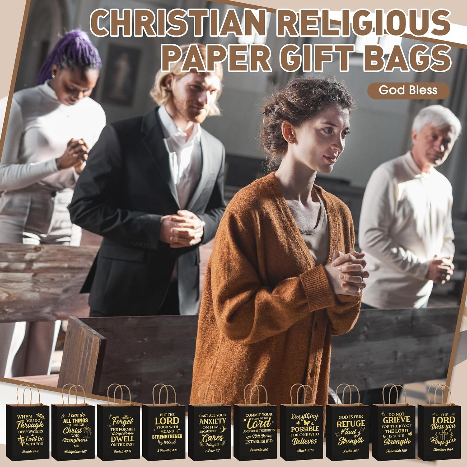 Chiisong 100 Pcs Christian Gift Bags Religious Bible Verse Treat Bags with Handles Inspirational Scripture Church Bag for Sunday School Women Wedding Birthday Party Favor(Black and Gold) - Image 6