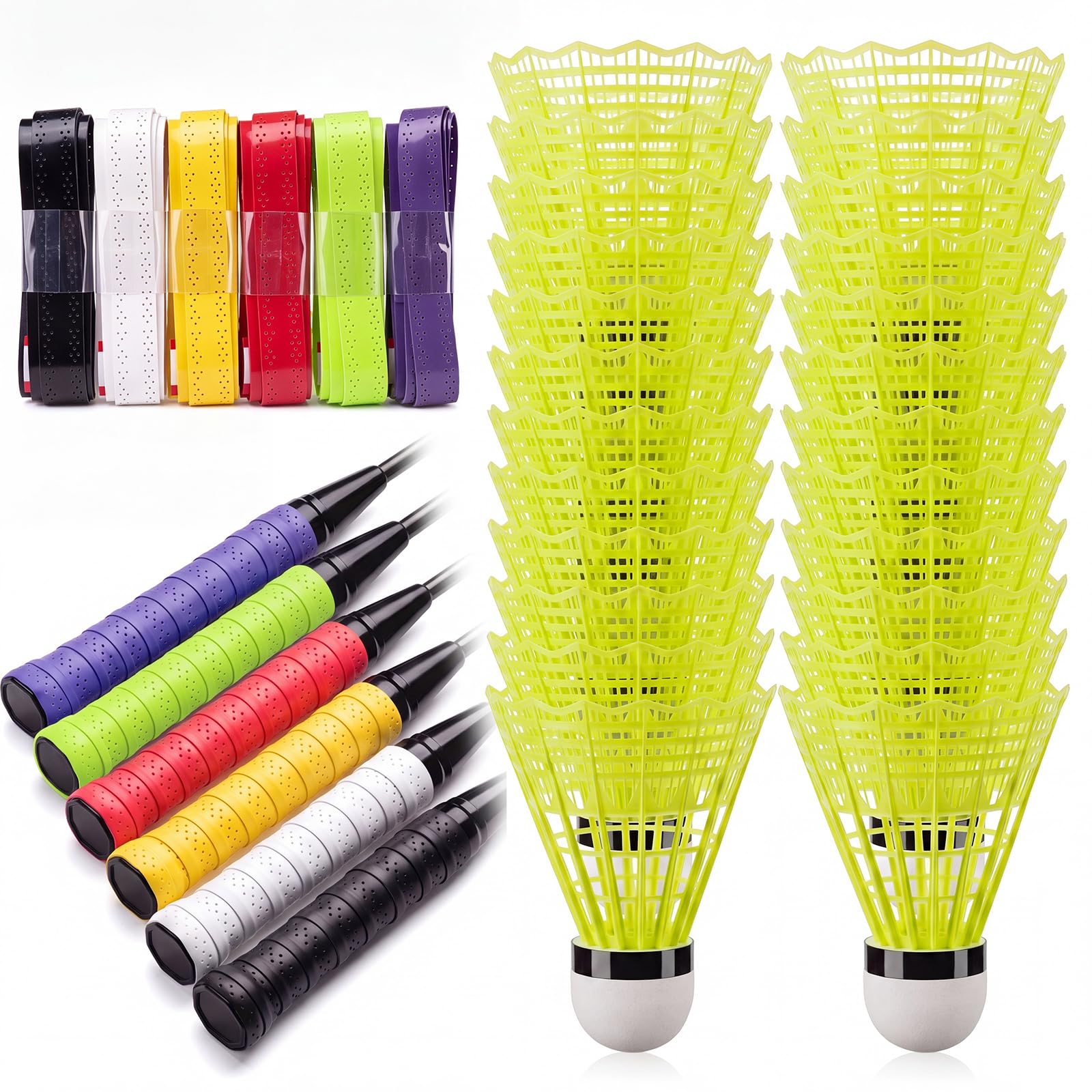Soulchen Badminton Accessories Set 12 Pcs Badminton Racket Overgrips Anti Slip Perforated Sweat Absorbing Grip Tape with 24 Nylon Shuttlecocks Training Birdie Balls for Indoor Outdoor Practice