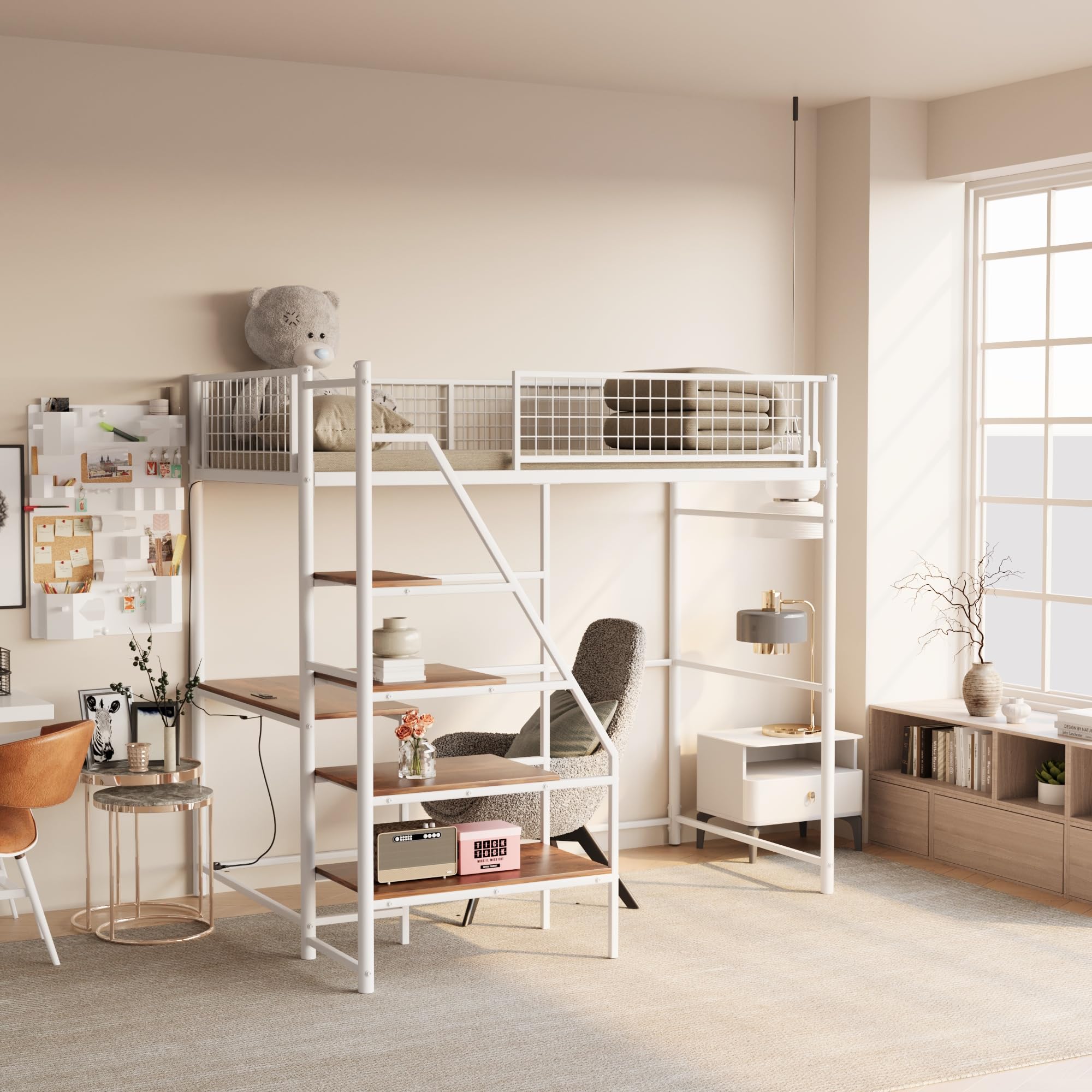 KEIKI Twin Sized Loft Metal Bed with Desk and Stairs
