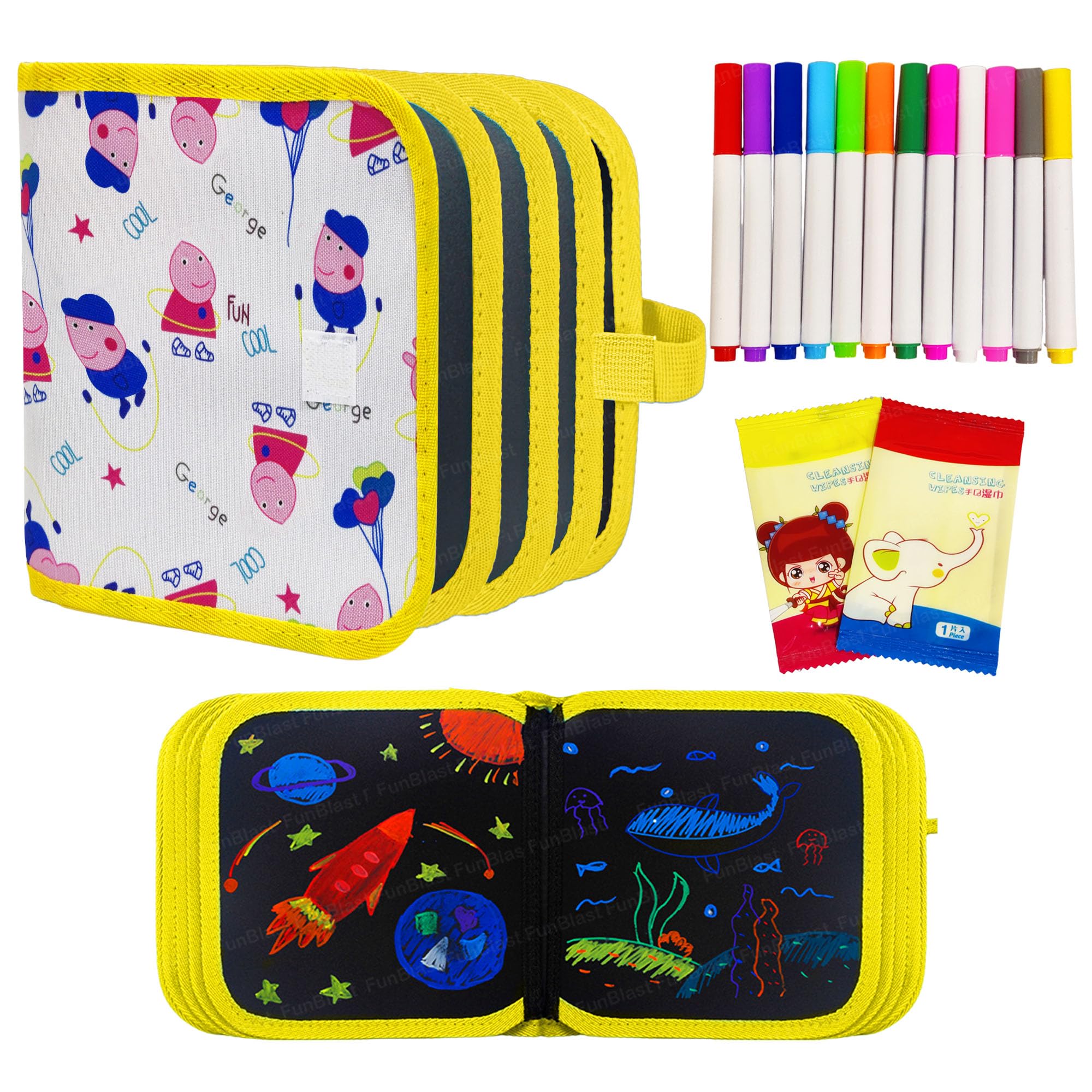 FunBlast Erasable Doodle Slate Painting Kit for Kids, Drawing Book with Wet Wipes & Colors for Kids, Colouring Doodle Slate for Kid, Erasable Book (Random Print)