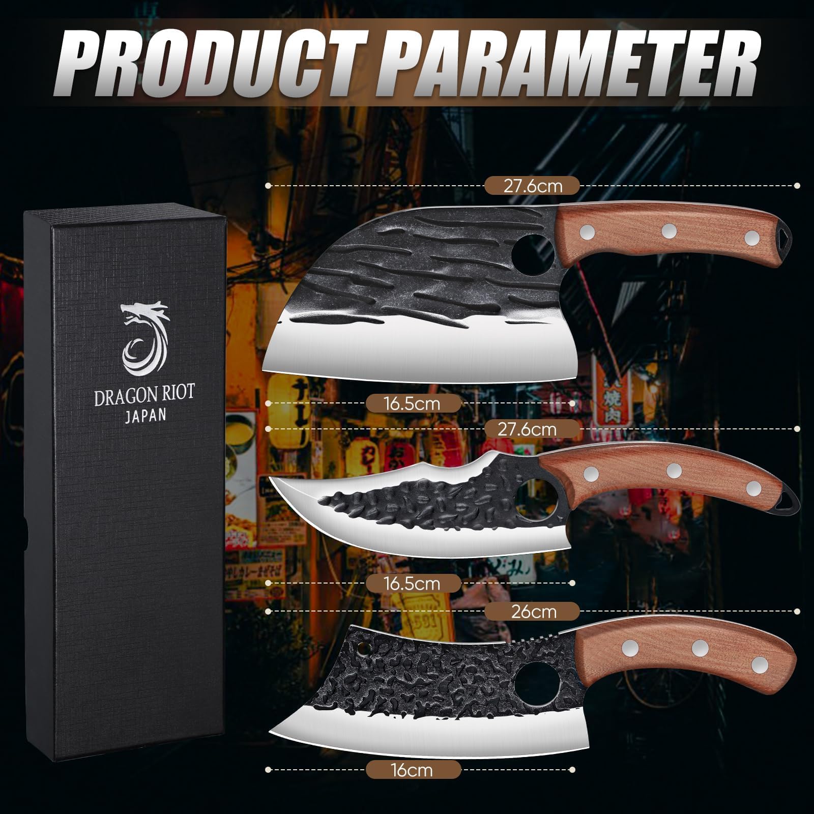 DRAGON RIOT Set de Couteaux de Boucher 3 Pièces - Couteaux Forgés à la Main, Couteau de Cuisine Serbe, Couteau à Désosser Viking - Pour Viande, BBQ - Cadeau Hommes