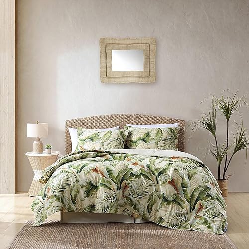 Tommy Bahama - Juego de edredón tamaño Queen, ropa de cama de sátin de algodón naturalmente suave y lisa con fundas de almohada y falda de cama a