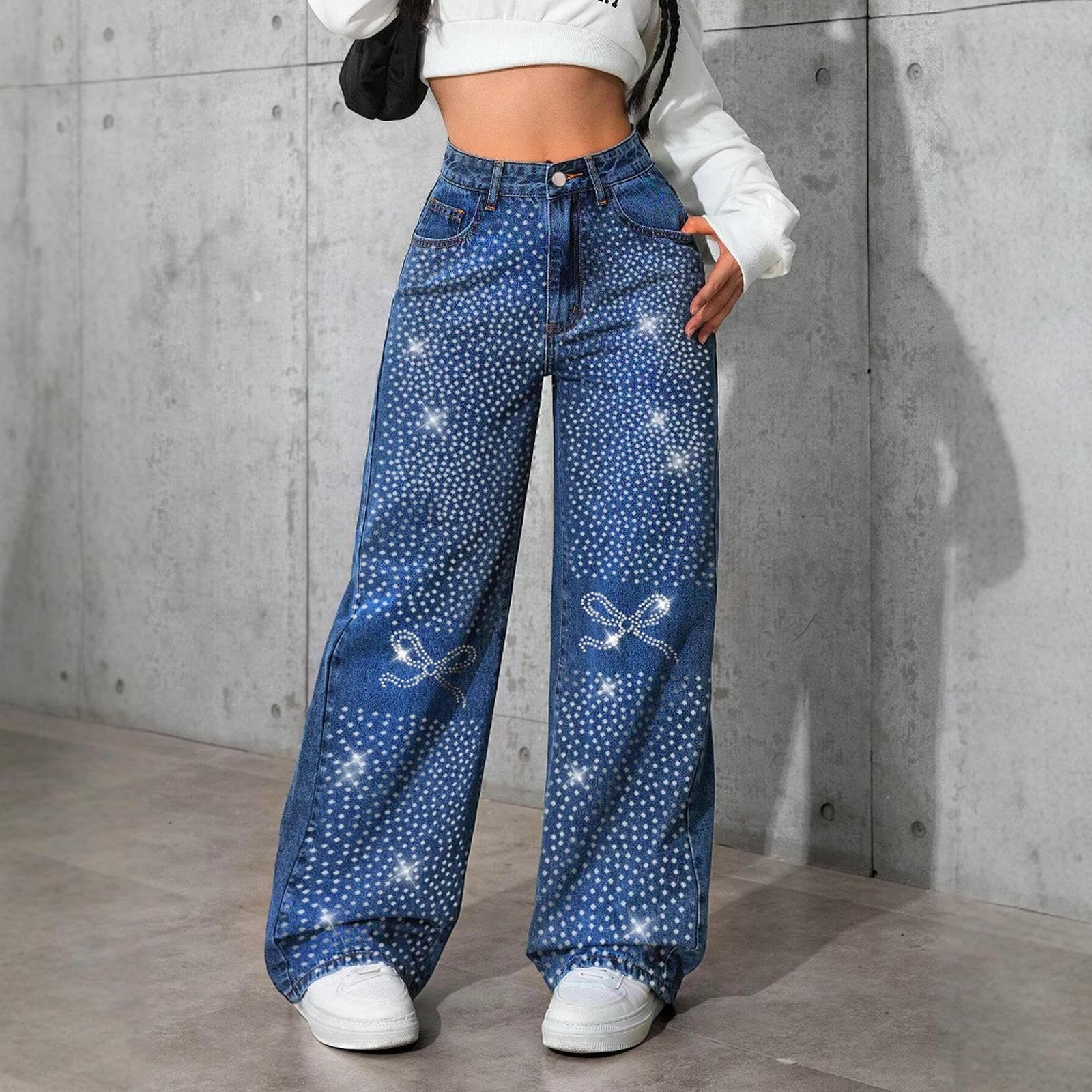 Dżinsy damskie w stylu vintage, luźne, proste, z motylami – kamienie strasu
