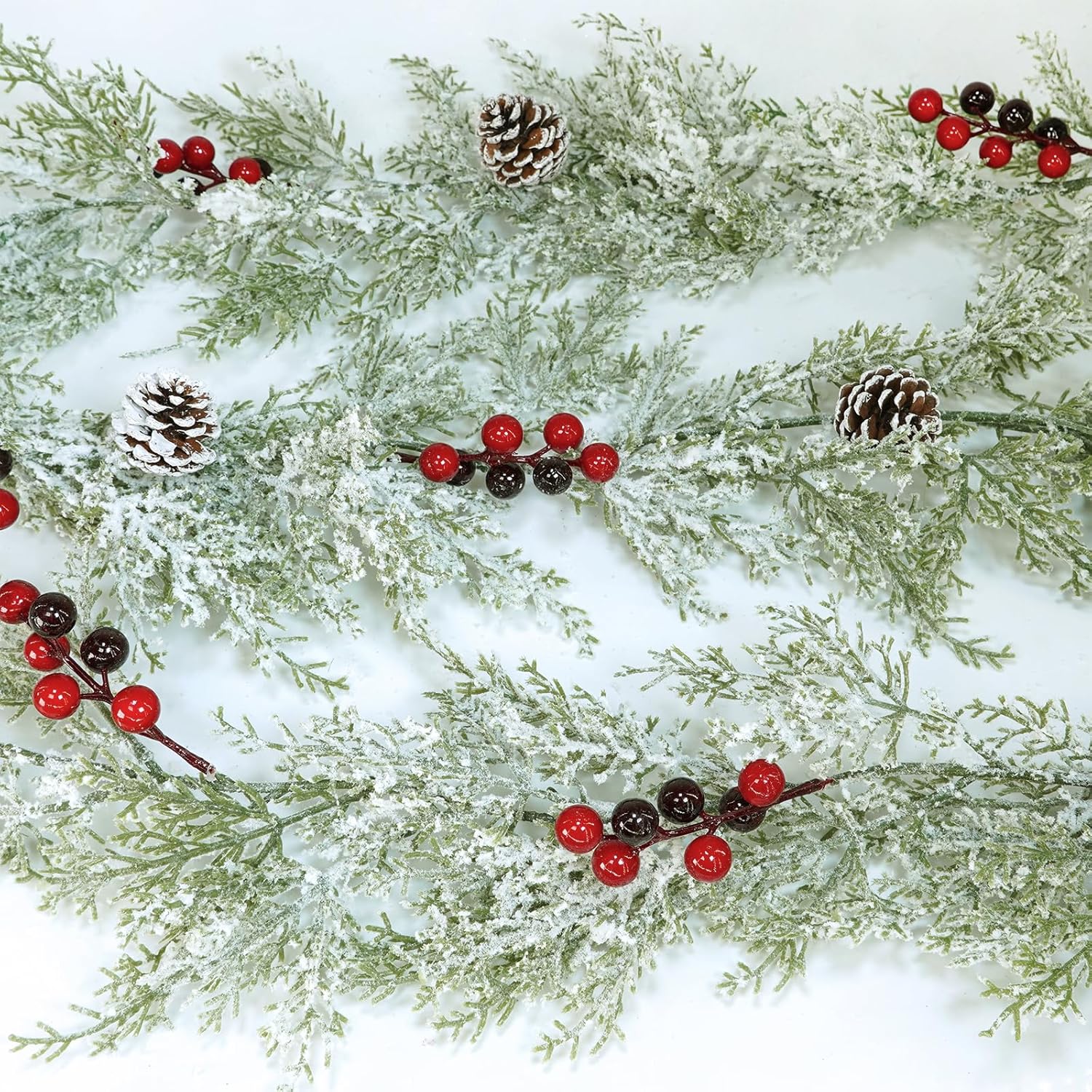 Winly 2 Pcs Artificial Snowy Cedar Garland with Pine Cones and Red Berries Christmas Greenery Garland 6 Ft Christmas Wedding Winter Holiday Party Table Runner Mantle Seasonal Centerpiece Decoration - Image 9