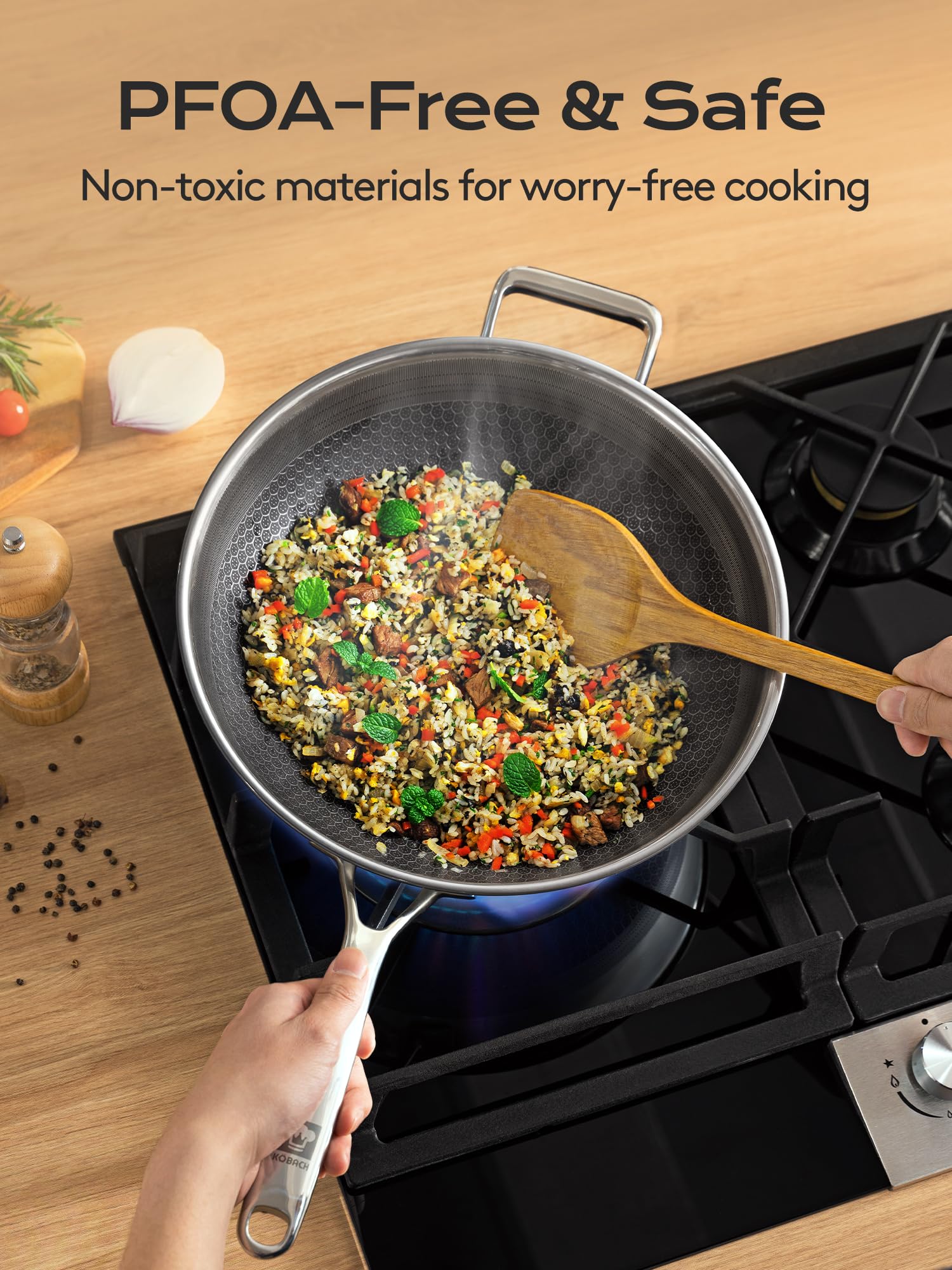 KOBACH Stainless Steel Wok Pan, Nonstick Stir-Fry Pan, 12-Inch
