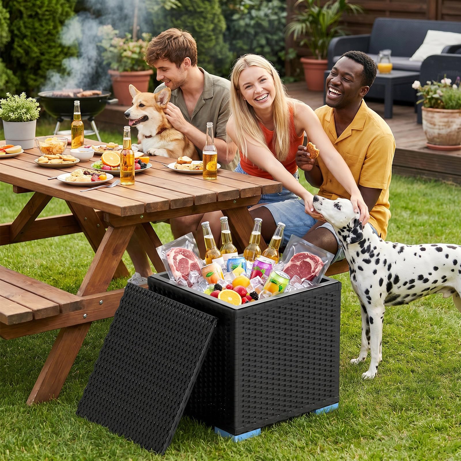 Huracan Cool Bar - Tavolo da giardino con refrigeratore, refrigeratore per bevande, tavolo da cocktail e tavolino d'appoggio, resistente alle intemperie, per esterni, con funzione refrigerante