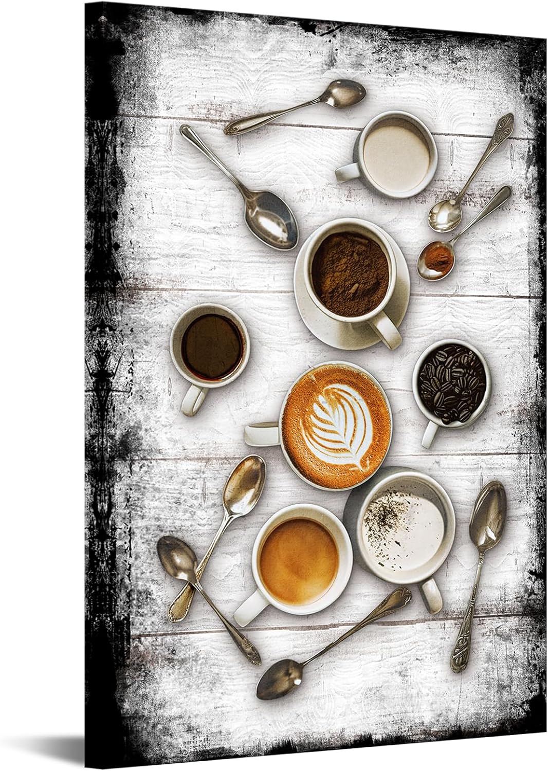 iHAPPYWALL Coffee Wall Art Kitchen Dining Room Decor Vintage Cup Coffee Spoon Picture Prints Rustic Black and White Artwork for Home Restaurant Decoration Ready to Hang 24x36inch