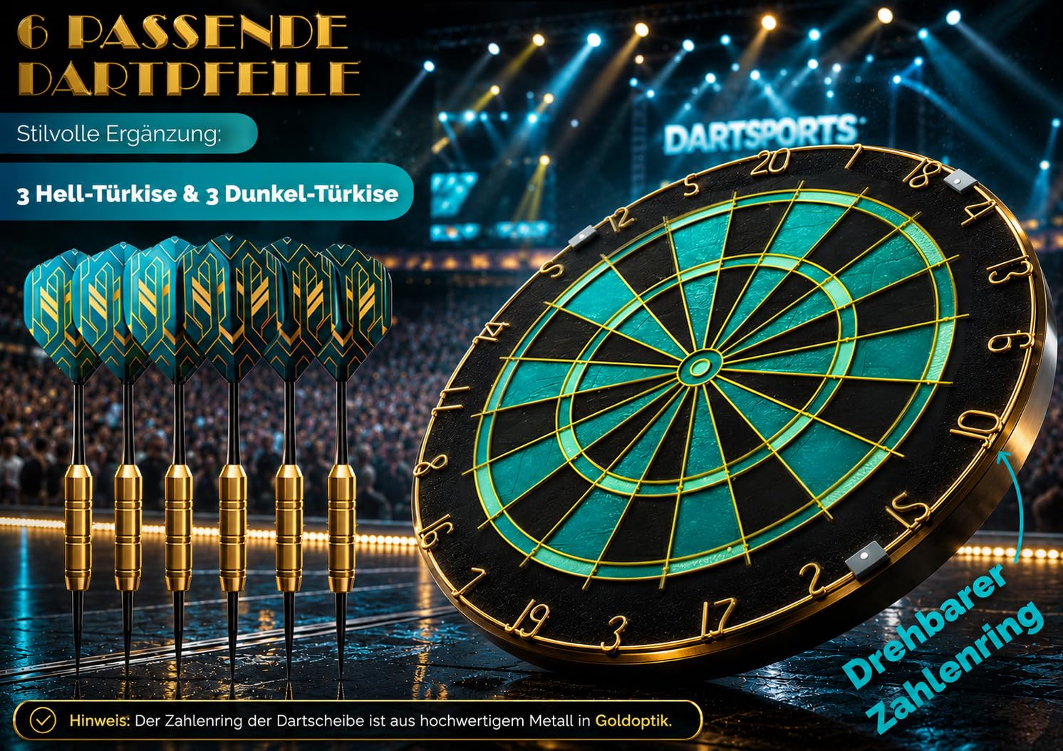 Dartscheibe Dartboard Sisal Professionell Türkis mit Goldener Zahlenring & Pfeilen - Profi Steeldartscheibe - Dart Scheibe Target mit 6 Dartpfeilen Metallspitze golddart Flight Barrels shafts schäfte