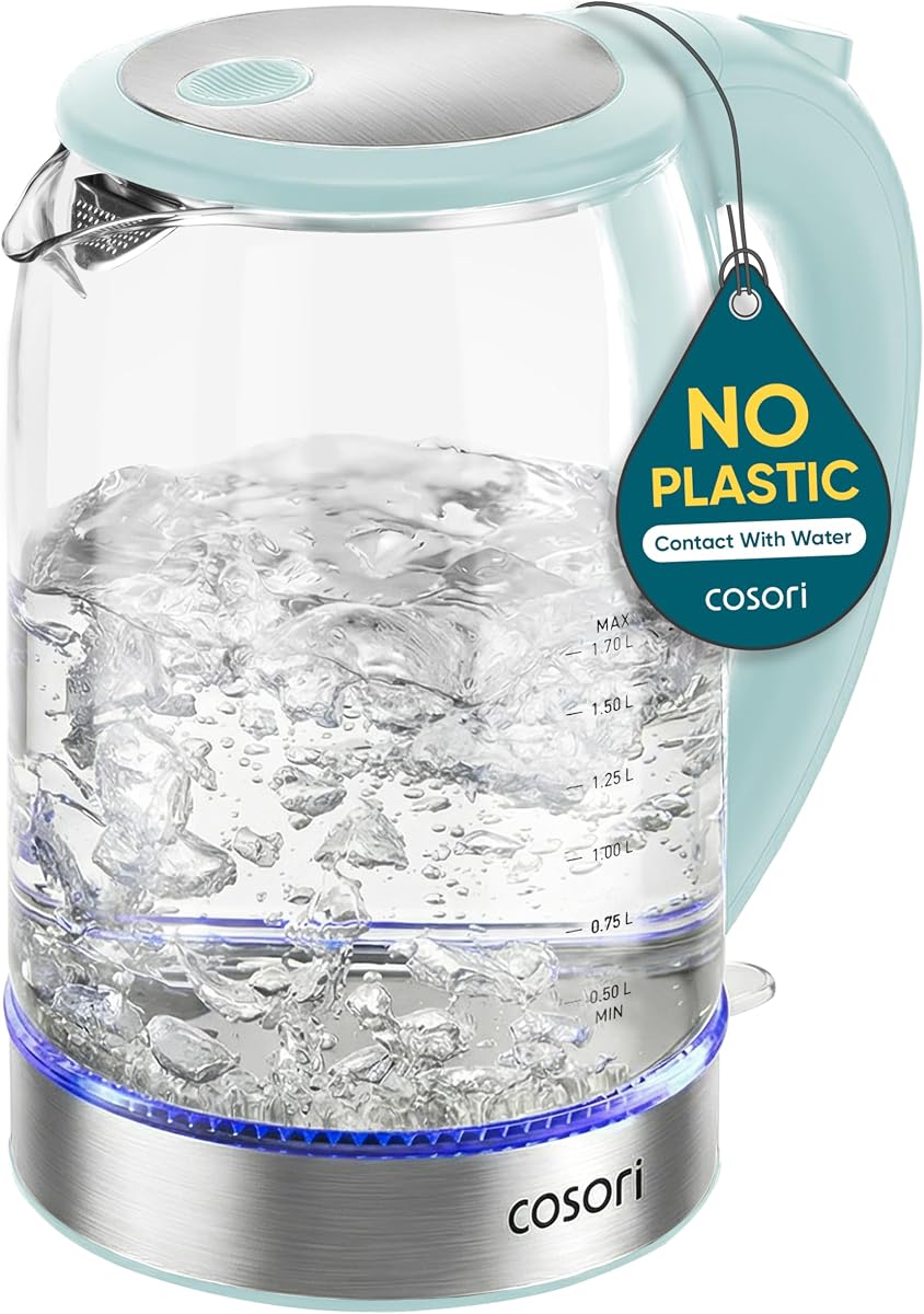 Electric Kettle, No Plastic Contact with Water, 1.7L, Green | Wide Opening, Easy to Clean, Auto Shut-Off, Boil-Dry Protection, Tea Kettle, Hot Water Boiler, Borosilicate Glass, 1500W