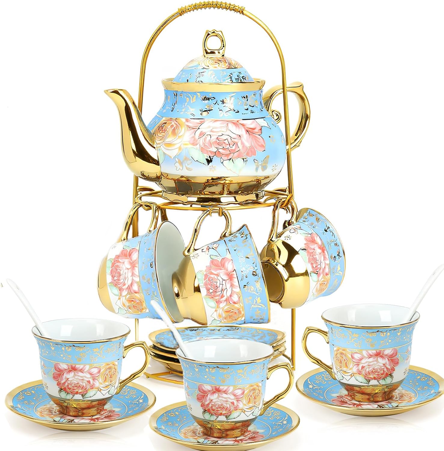 20Pcs European Ceramic Tea Set with Metal Stand, Porcelain Vintage Floral Tea Cup and Saucer Set for 6 People, Complete Gift Set with Teapot, Spoons for Wedding, Bridal Shower, Afternoon Tea Party
