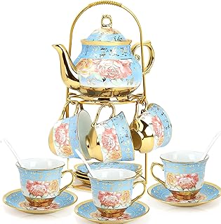 20Pcs European Ceramic Tea Set with Metal Stand, Porcelain Vintage Flora...