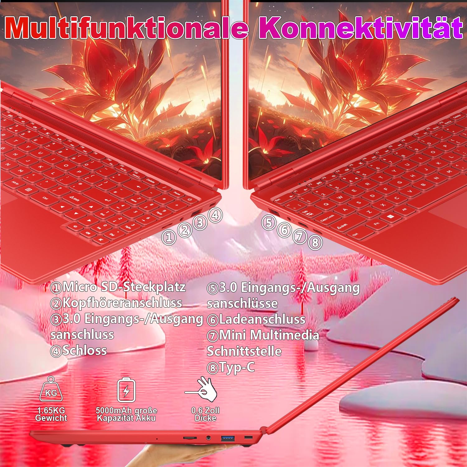Gaming Laptop 16 Zoll Win 11 Notebook 12+512GB SSD Unterstützung 1TB | 1920x1200 Notebook 4-Core Celeron N5095 (bis 2.9GHz) Laptop mit Nummerntastatur WiFi Mini HDMI Deutscher Tastaturschutz-Red