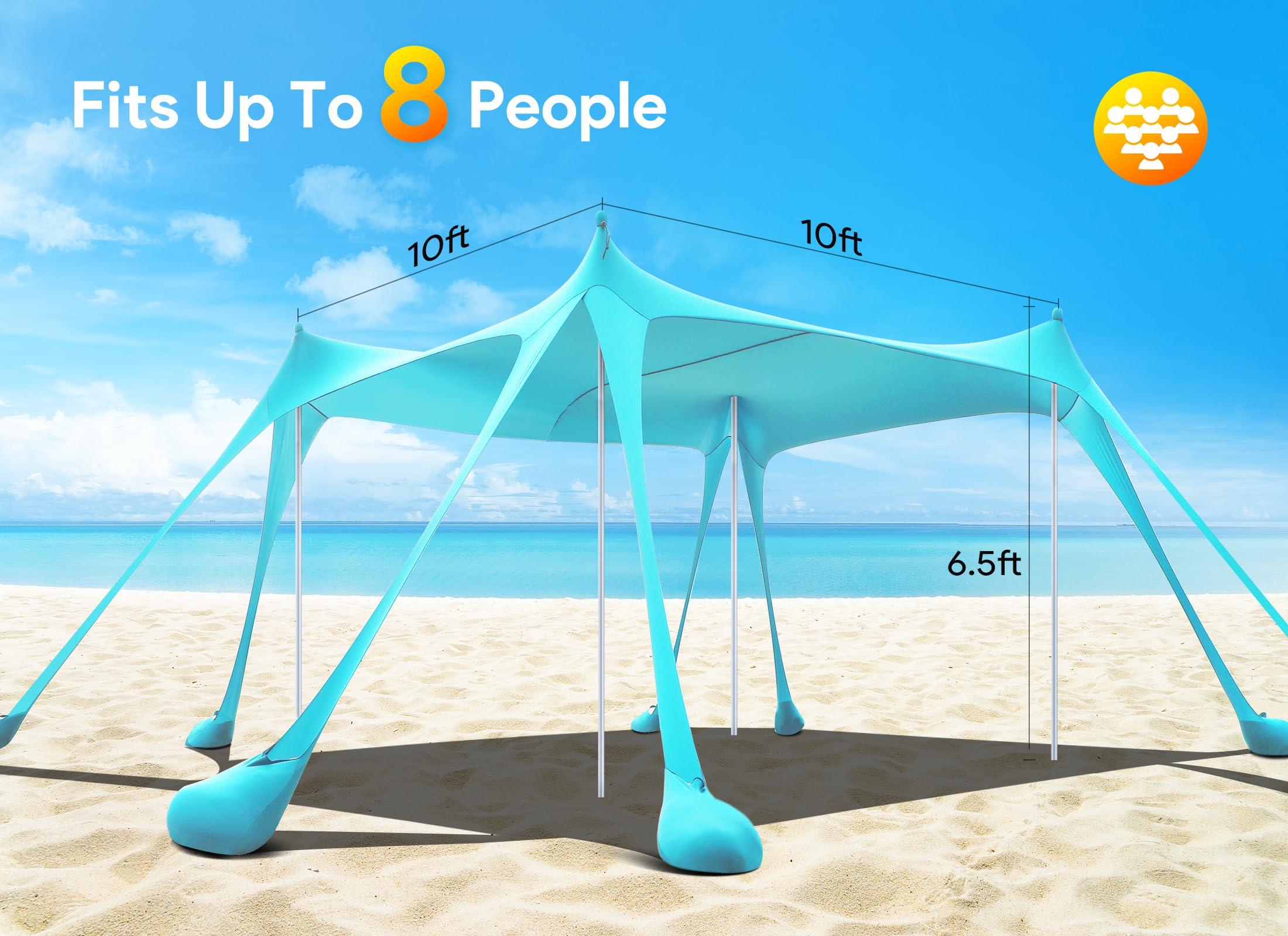 Osoeri Tenda da spiaggia, 3 x 3 m, parasole per campeggio, spiaggia, UPF50+, con 8 sacchi di sabbia, pala per sabbia, picchetti e pali di stabilità, ombra esterna per campeggio, pesca, divertimento in