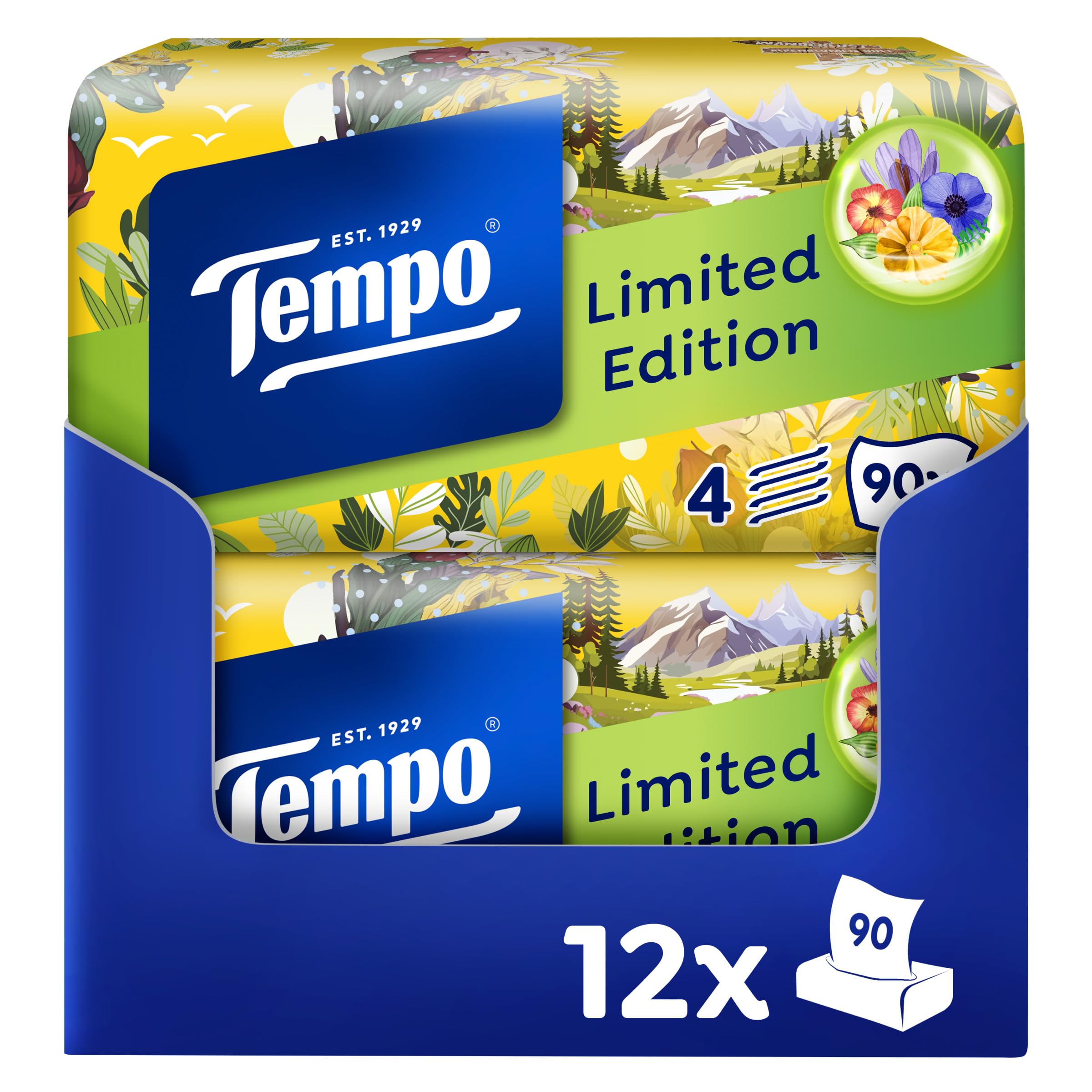 Tempo Duftbox Limited Edition - 12 Boxen mit je 90 Tüchern - samtig weich, waschmaschinenfest und biologisch abbaubar