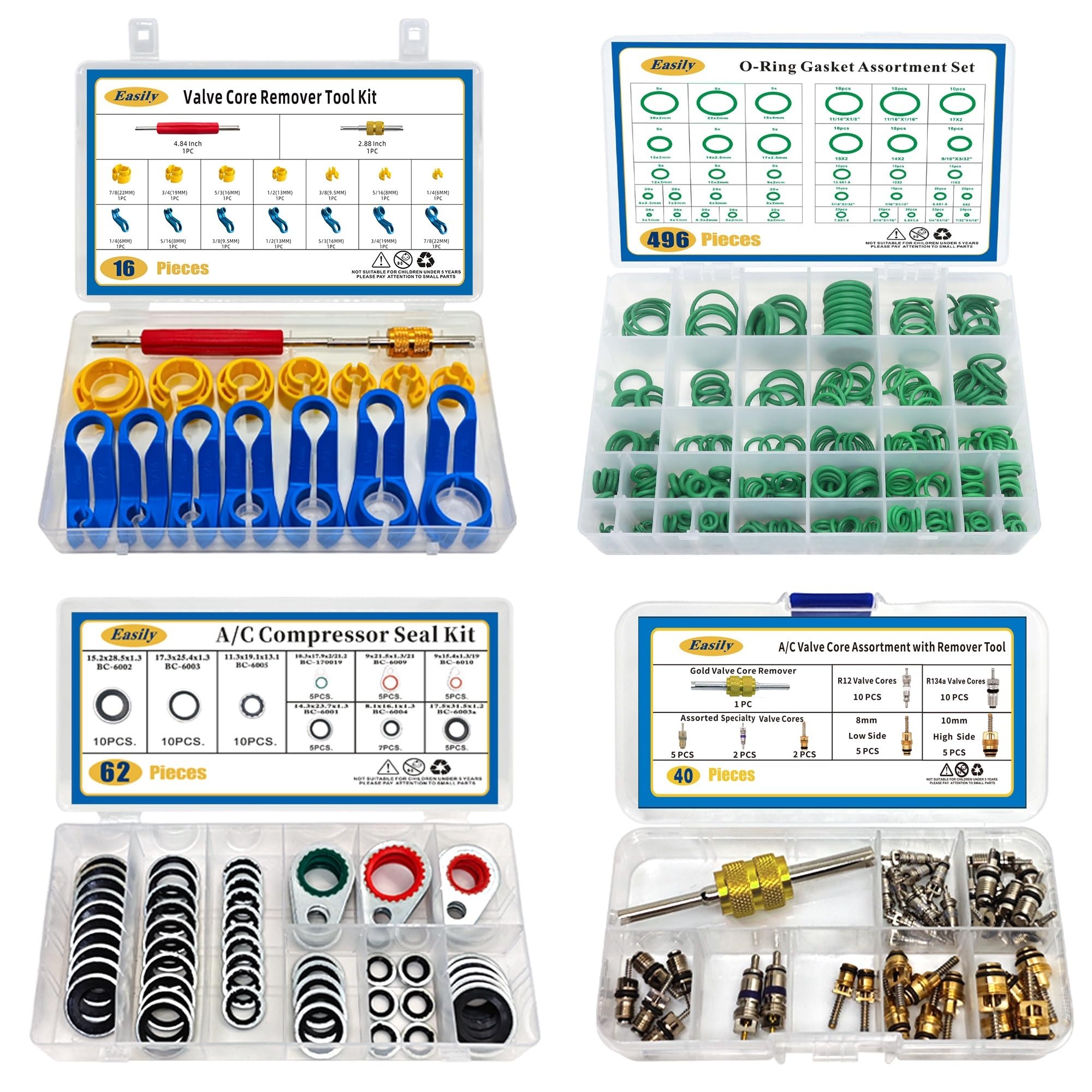 Easily 4 Set Car A/C Valve Core R134a Kit, 9 Sizes Gasket & 36 Sizes O-Ring Kit, AC Compressor Seal, Fuel Line Tool Set