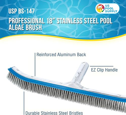 Miniatura 6 de U.S. Pool Supply Cepillo profesional de acero inoxidable de 10 pulgadas con mango de clip EZ, cerdas duraderas, elimina la acumulación de calcio,