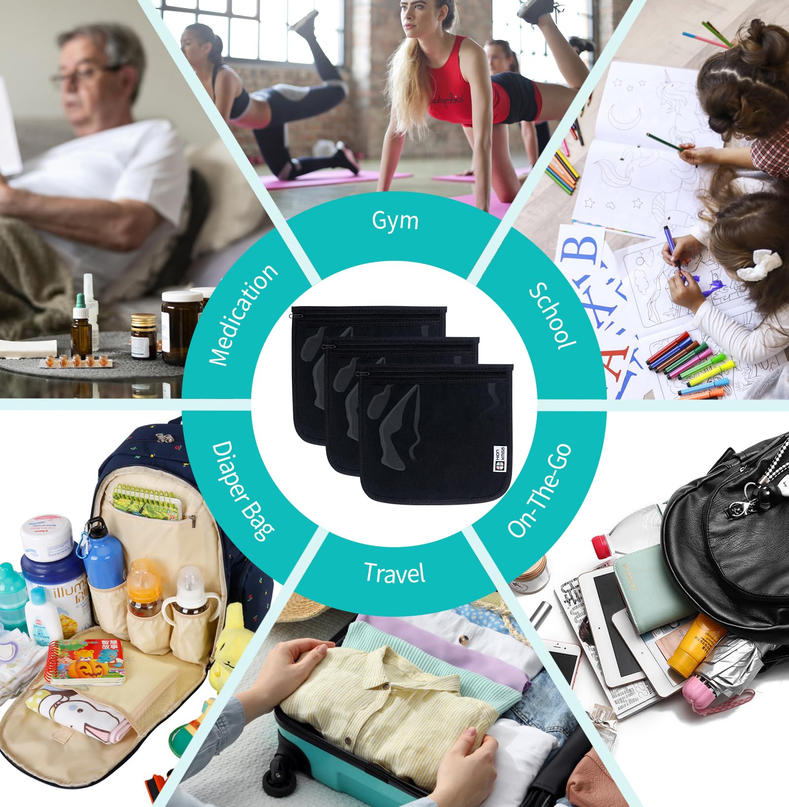 HIONXMGA Neceser aprobado por la TSA, Negro, 3 grandes, L, Bolsas de viaje transparentes