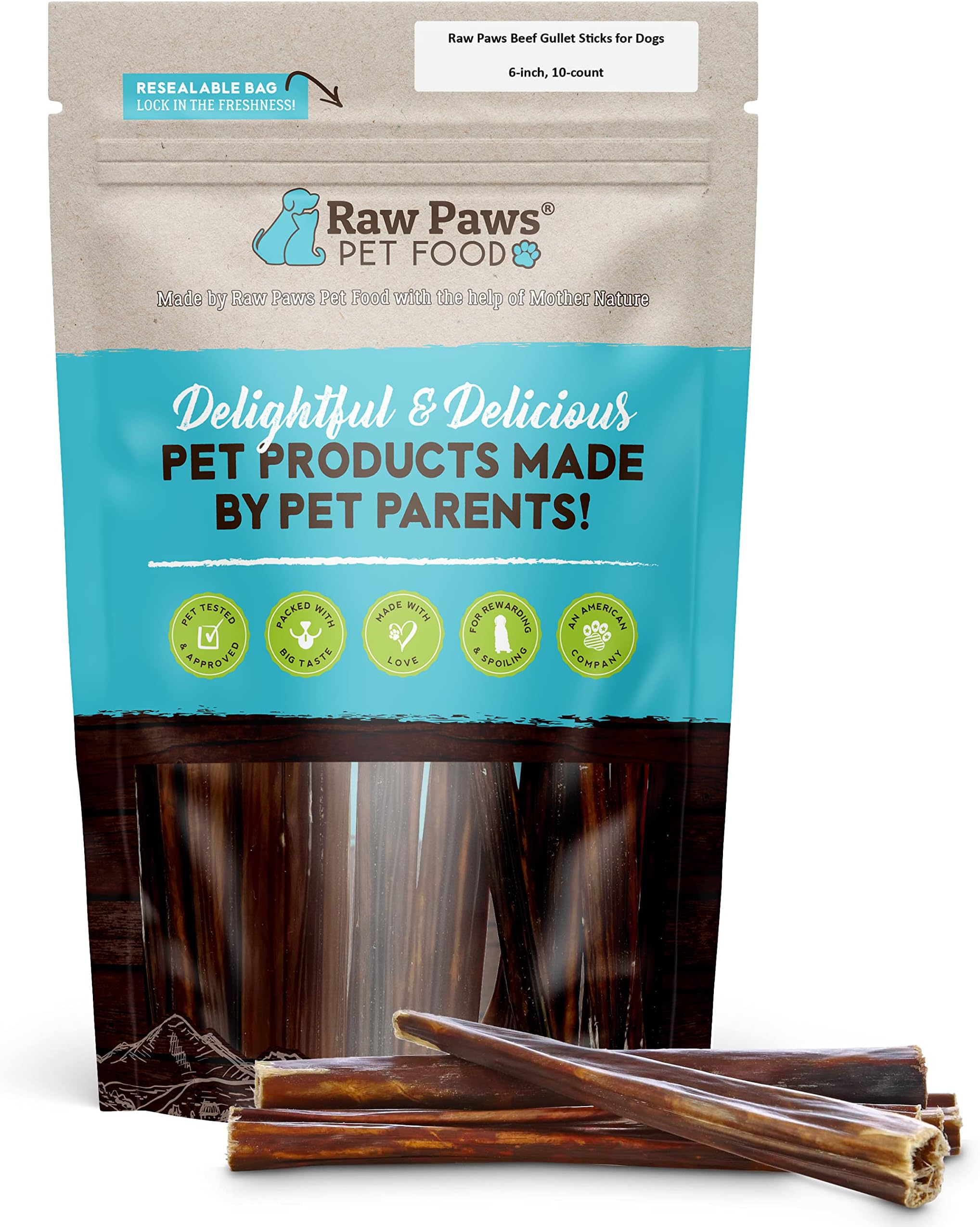 Raw Paws Beef Gullet Sticks for Dogs, 6-inch (10-Count) - Free-Range Cows Raised Without Antibiotics or Added Hormones - Gullet Sticks for Small to Large Dogs - Beef Esophagus Dog Treats