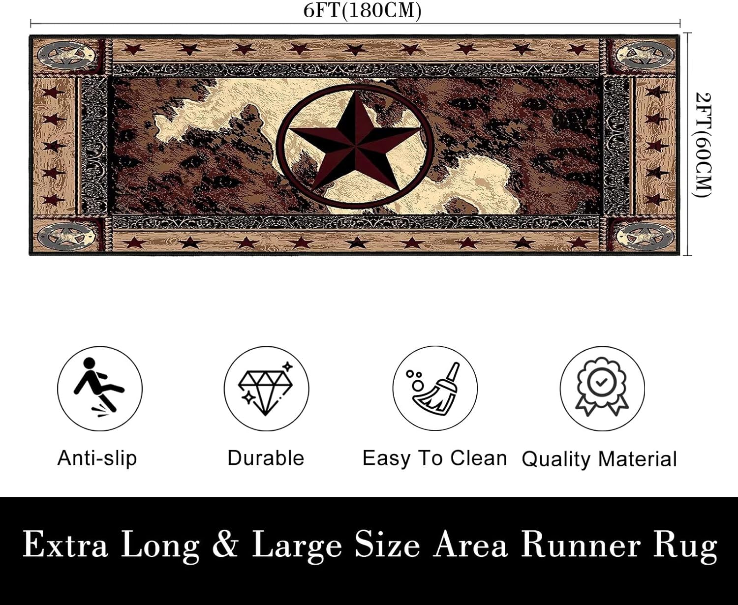 Western Rugs for Bedroom Western Runner Rug 2x6 Hallway Rug Texas Star Area Carpet Non Slip Washable Runner Carpet Rustic Kitchen Floor Mat Vintage Throw Accent Carpets Runners for Entryway Bathroom - Image 2
