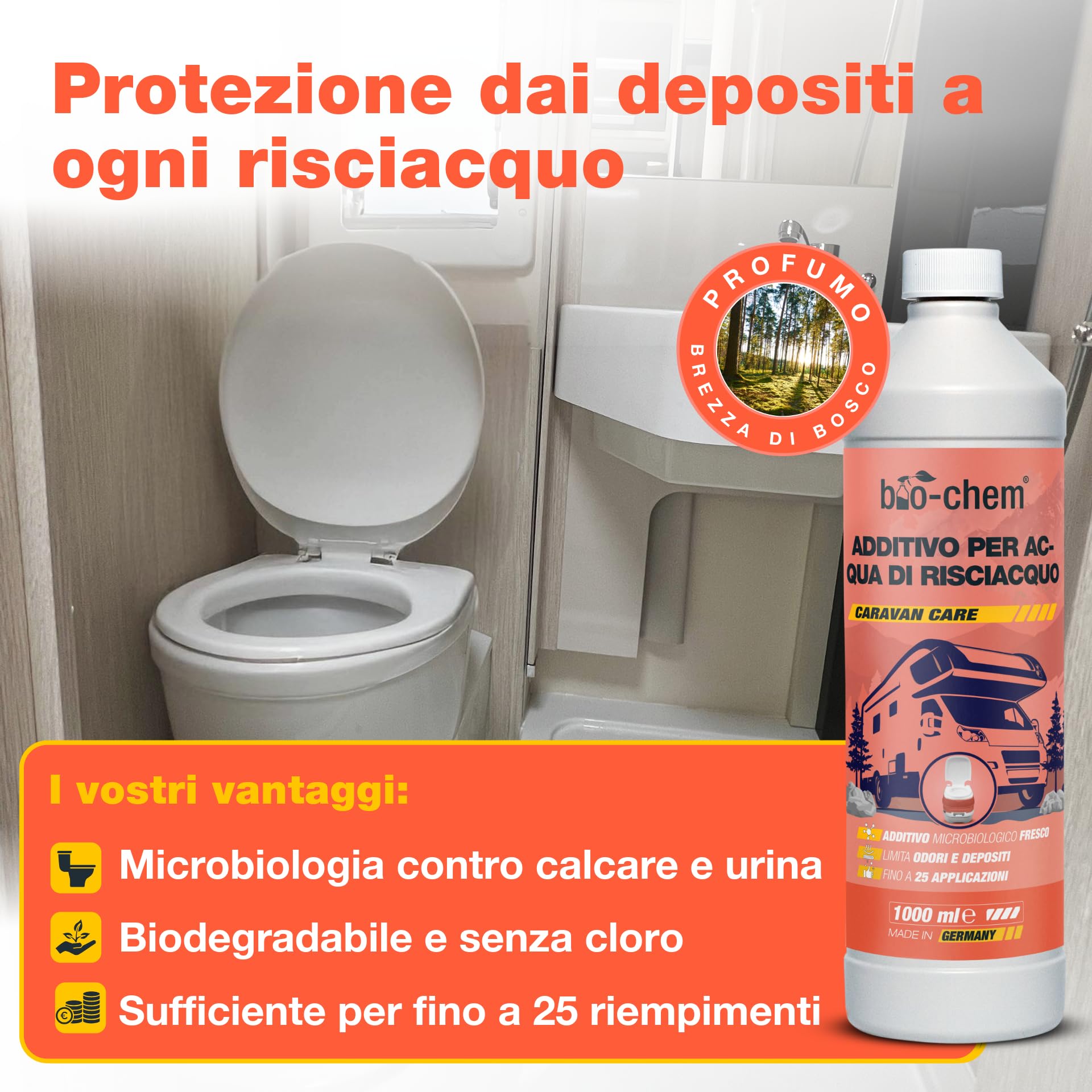 bio-chem - Set di Prodotti detergenti per WC di Camper e roulotte - Liquido Sanitario 1L e Additivo Sanitario 1L - Nuova Formula con microrganismi per WC chimici da roulotte