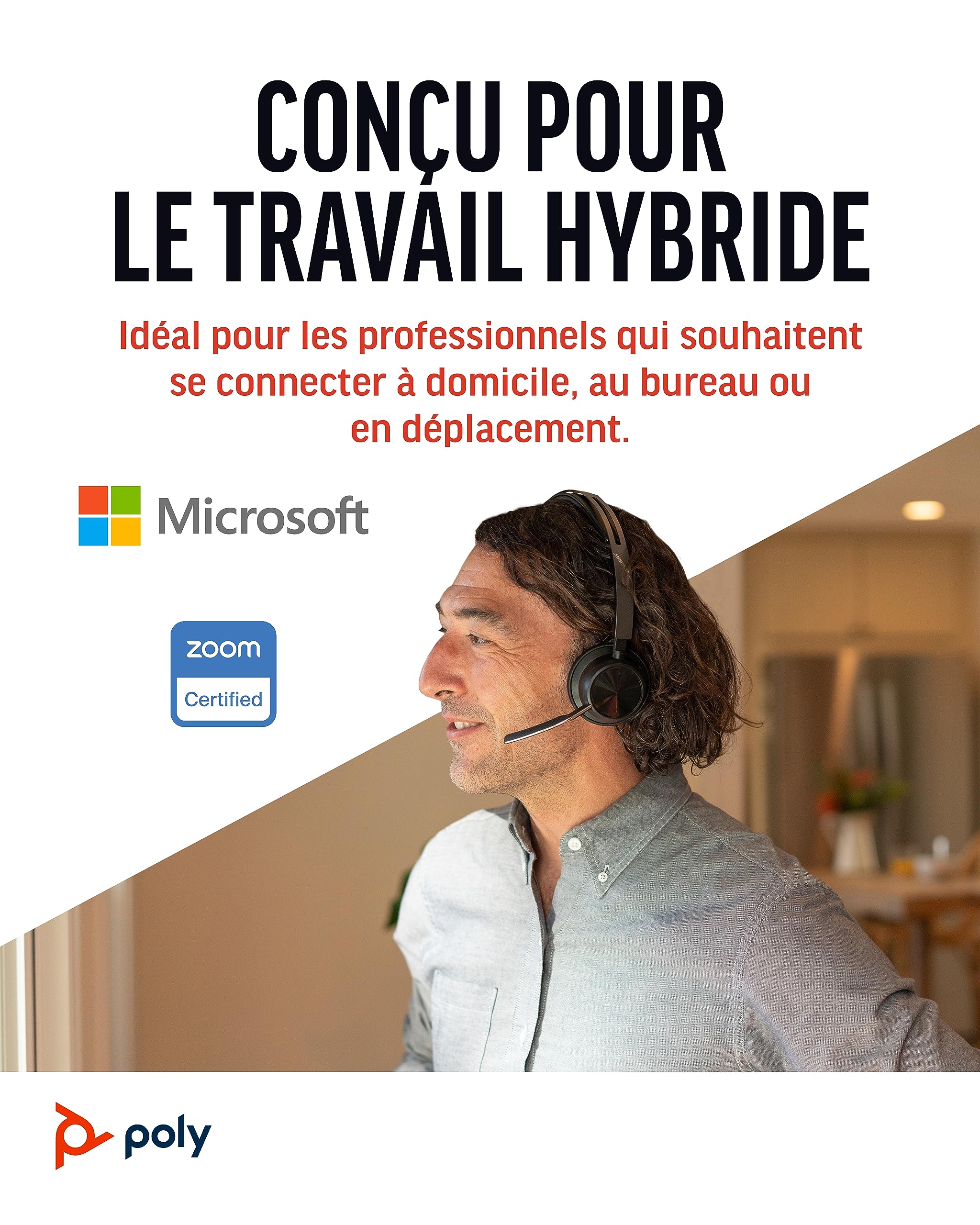 Micro-casque sans fil Poly Voyager Focus 2 UC avec microphone (Plantronics) - Annulation active du bruit (ANC) - Connexion à un PC/Mac/Téléphone portable via Bluetooth - Fonctionne avec Teams, Zoom