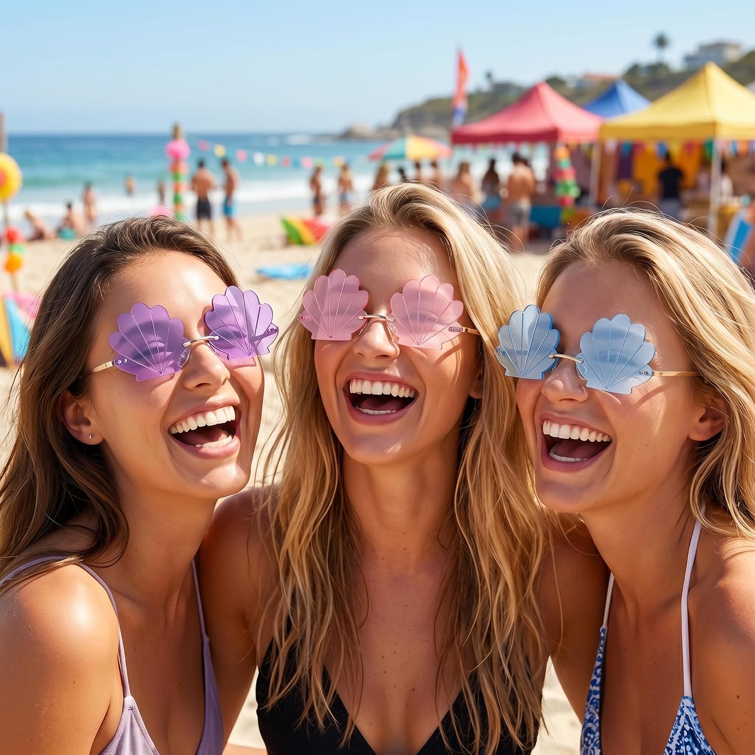 3 Pcs Shell Sunglasses, Mermaid Accessories for Women Girls, Fun Seashell Sunglasses, Novelty Rimless Eyeglasses for Beach & Pool Party, Funny Photo Booth Props (Purple, Pink, Blue)