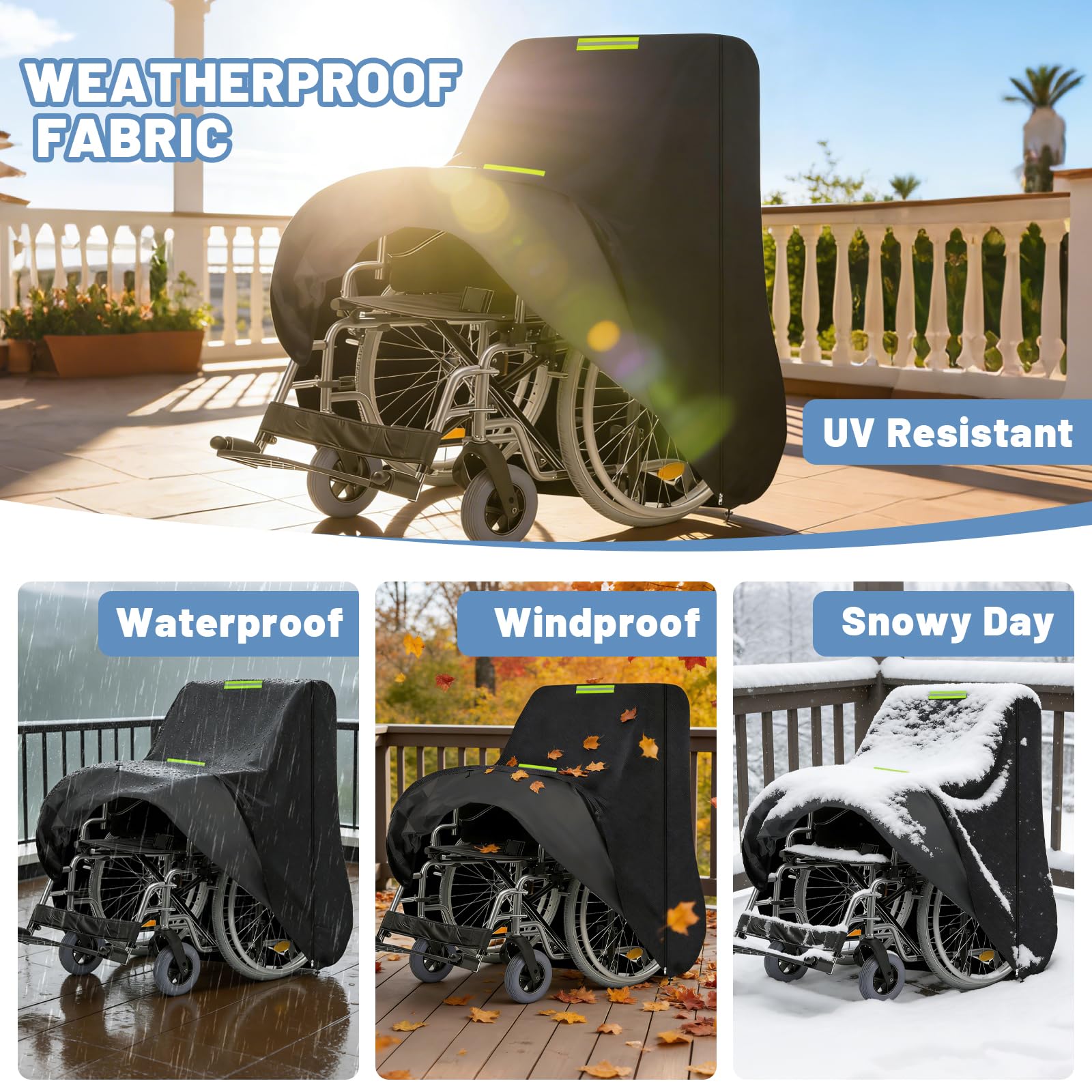 Funda para silla de ruedas manual, Funda protectora para silla de ruedas, Oxford 600D impermeable para bicicleta, scooter, scooter de movilidad , con franja fluorescente,100*100*75cm (Black)