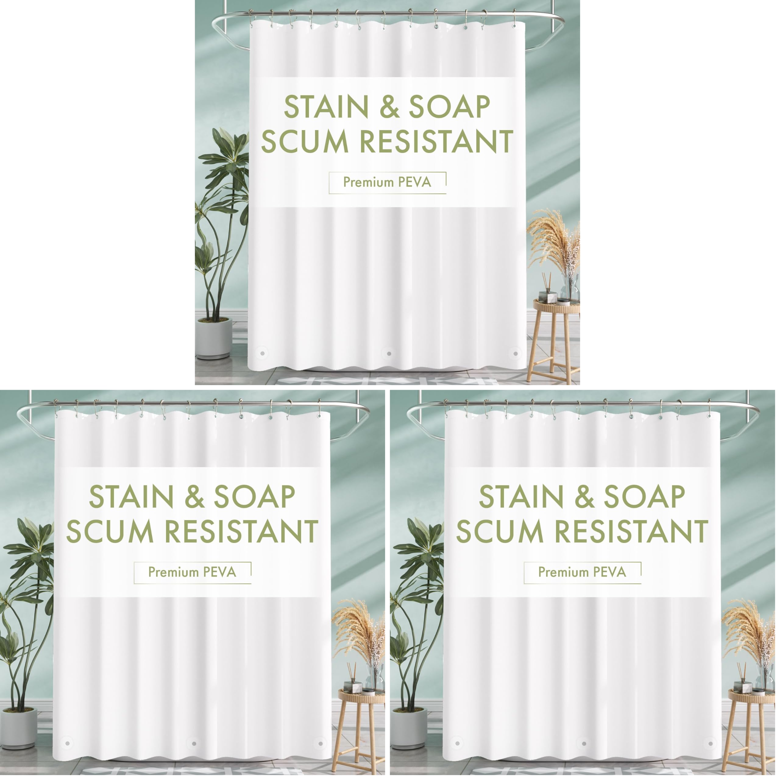 AmazerBath Shower Curtain Liner, 72x72 Plastic White Shower Curtain Liner, Cute Waterproof PEVA Shower Curtains, Lightweight Shower Curtains for Bathroom with Magnets and 12 Grommet Holes (Pack of 3)