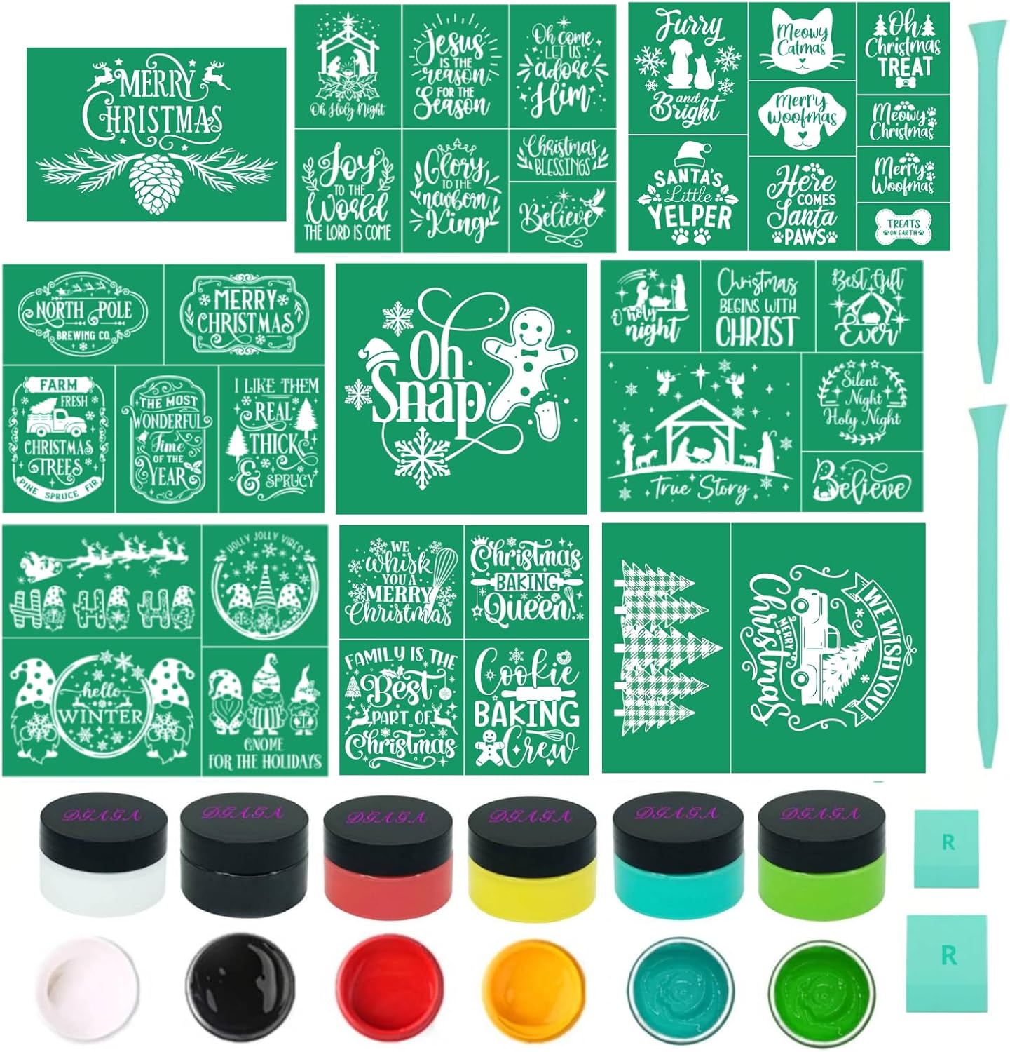 19PCS Merry Christmas Silk Screen Stencils,Christmas Chalk Paste and Transfers Stencil Winter Self Adhesive Stencils Reusable for Painting on Wood,Fabric,Home,Chalk Paste Paint Mini Squeegees Set