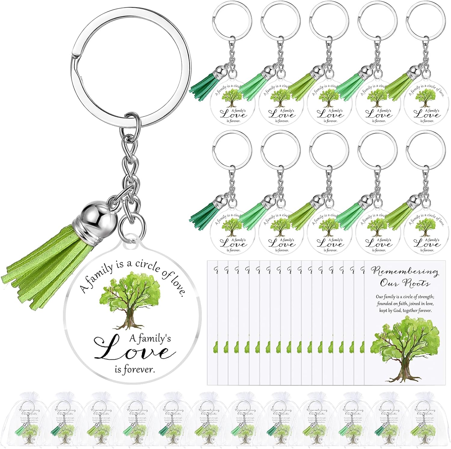 30 Sets Family Reunion Favors Family Tree Keychains with Inspirational Card and Gift Bags, Need to Tear off the Front Film
