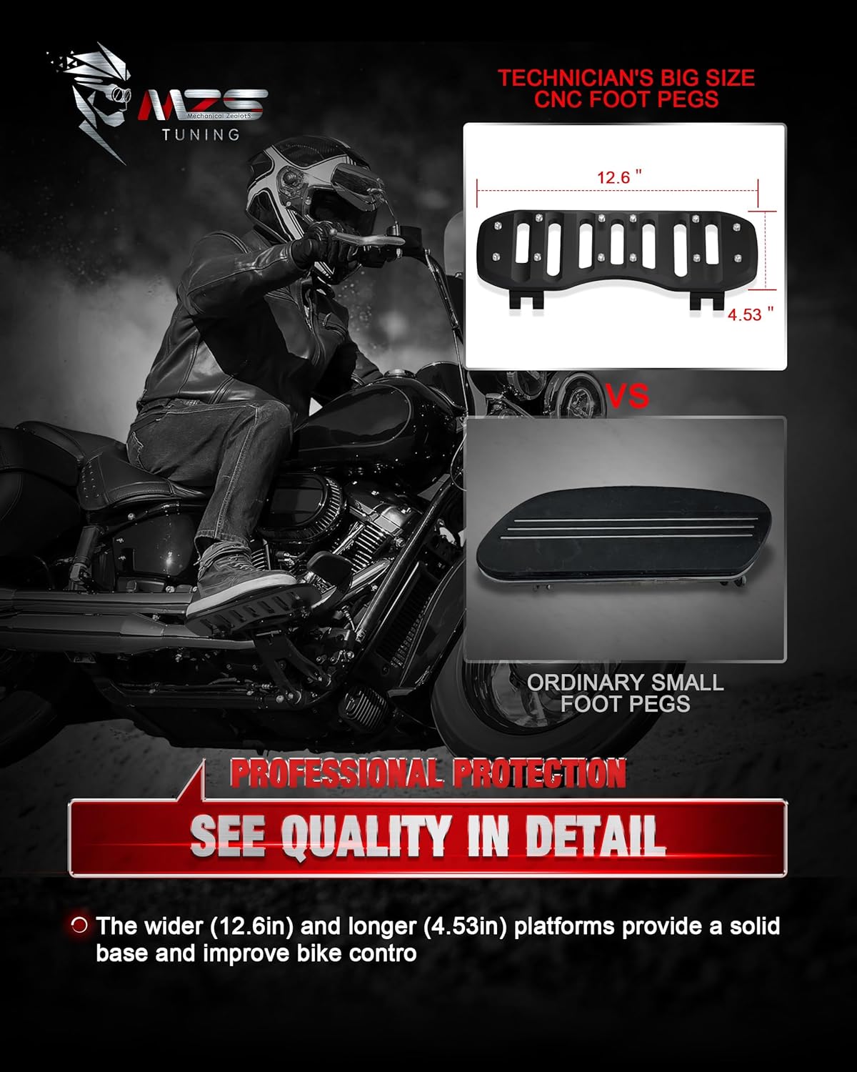 MZS Motorcycle Front Floorboards, 1984-2025 Touring Driver Footboards Rider Foot Pegs Floor Boards Black CNC Compatible with Road Glide Electra Street Glide Road King Softail Trike Ultra Limited FLD