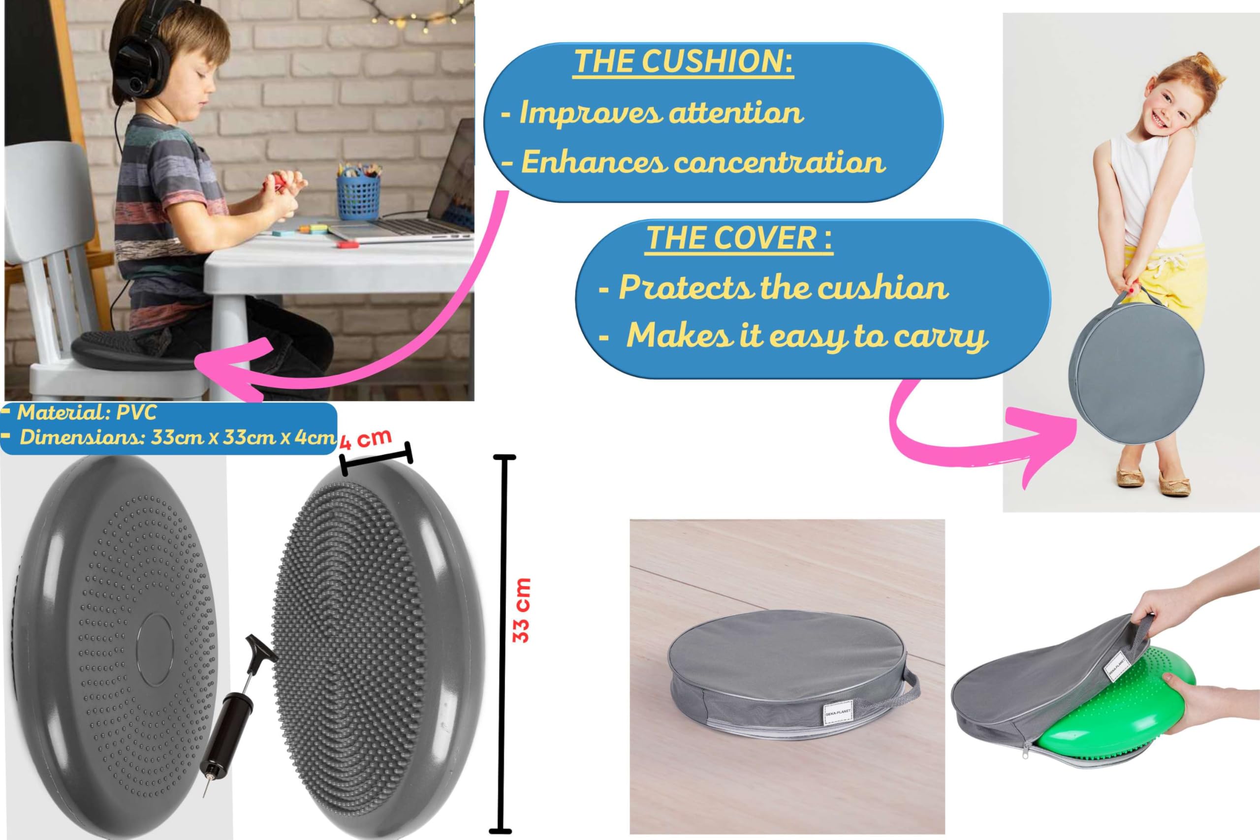 ADHD Sensory Kit for Kids, Wobble Cushion with Removable Cover and 4 Chair Bands for Kids with ADHD and Autism for Classroom & Home Use, Includes ADHD Strategies eBook - Image 2