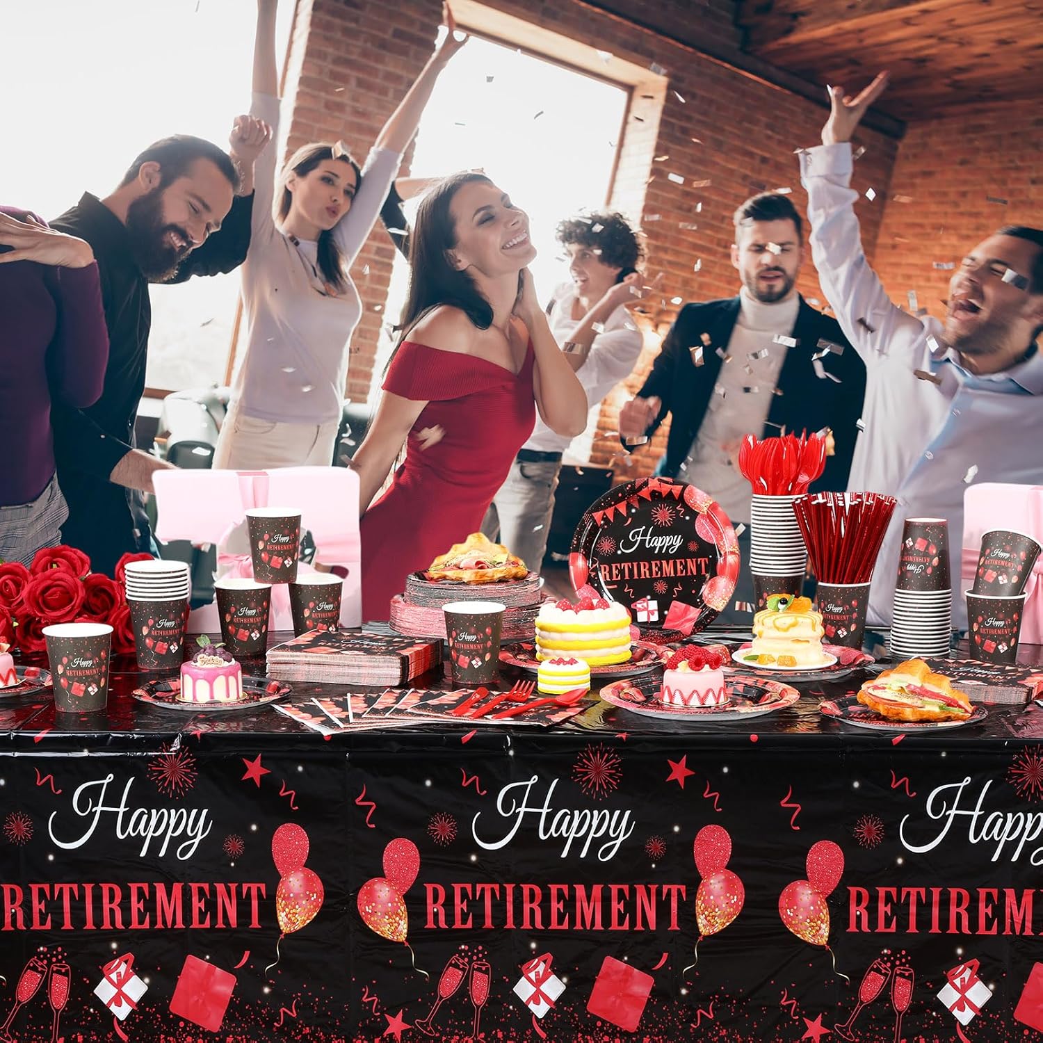 452 Pcs Retirement Party Decorations Supplies Set Include Red Black Retirement Paper Plates Napkins Cups Tablecloth Cutlery Straws for Men Women Say Goodbye Party