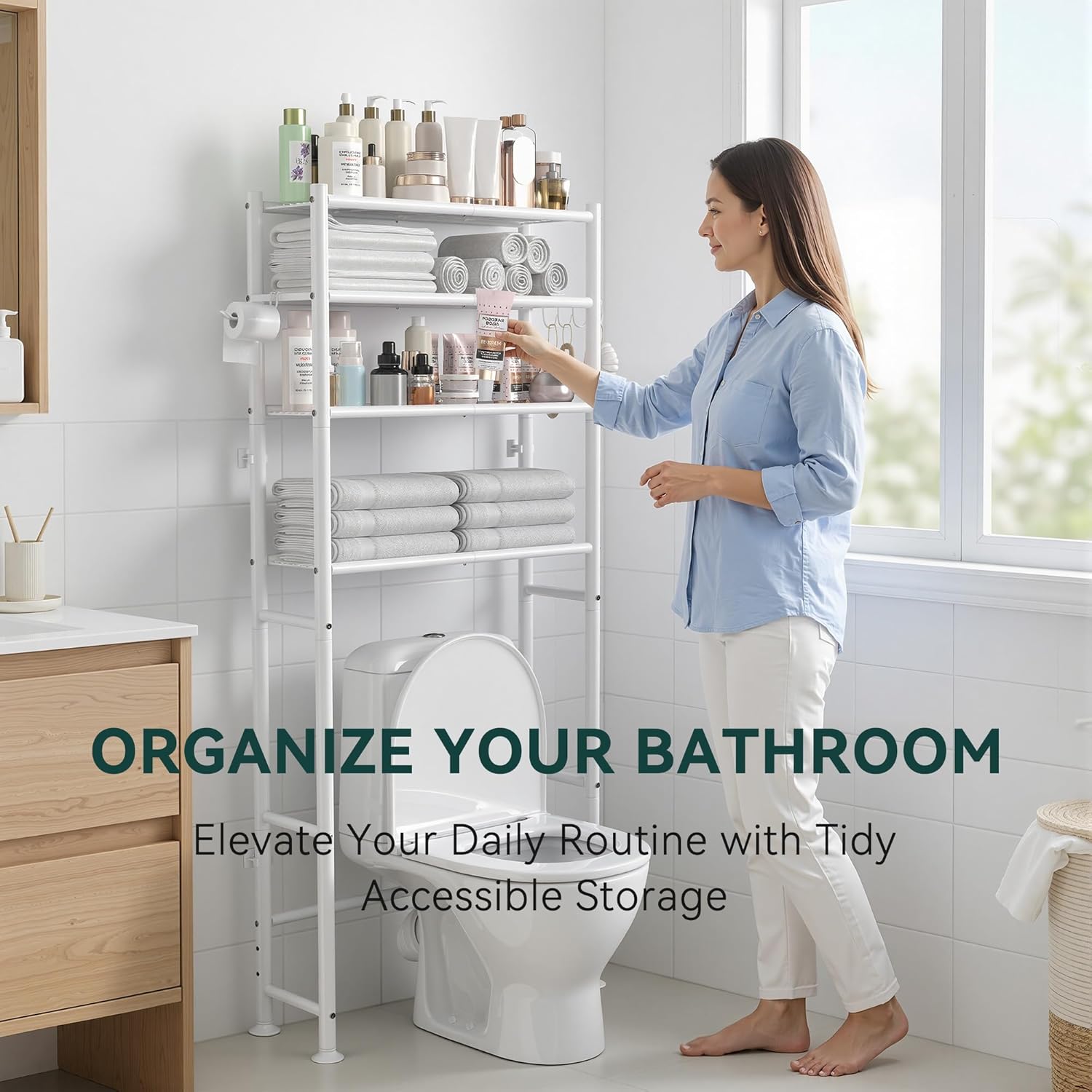 4-Tier Over The Toilet Storage, 200lb Total Capacity Metal Bathroom Organizer with 36" Clearance, Includes Paper Holder & 4 Hooks, Space Saving Rack for Bathroom Laundry Room (64" H, White)