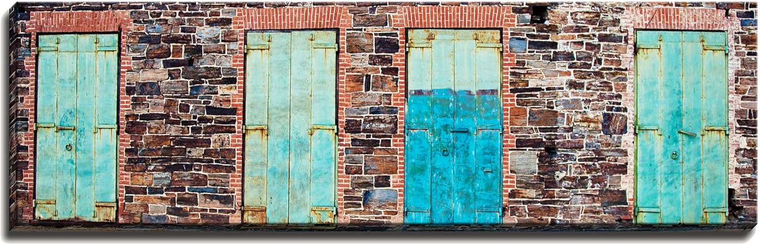 Bob Estrin Handmade 12 X 36 Inch Panoramic Canvas Gallery Wrapped Wall Art Decor of Industrial Wood Doors on a Colorful Brick Stone Wall